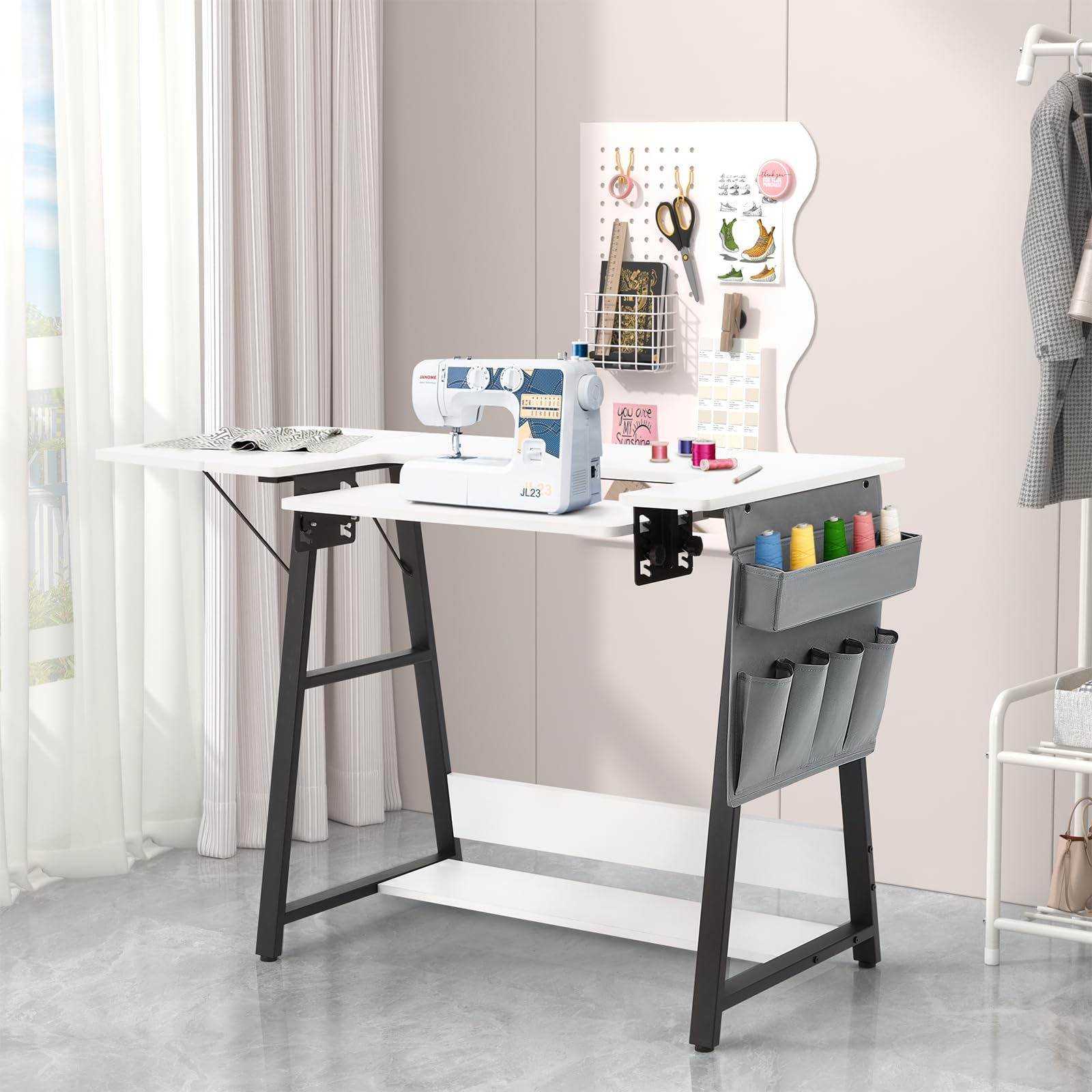 MELLCOM Folding Sewing Table with Adjustable Shelf & Side Pocket - Multi-Purpose Craft Table for Sewing Machines, Hobby Work & Computer Use - Compact White Workstation for Home Office & Craft Room