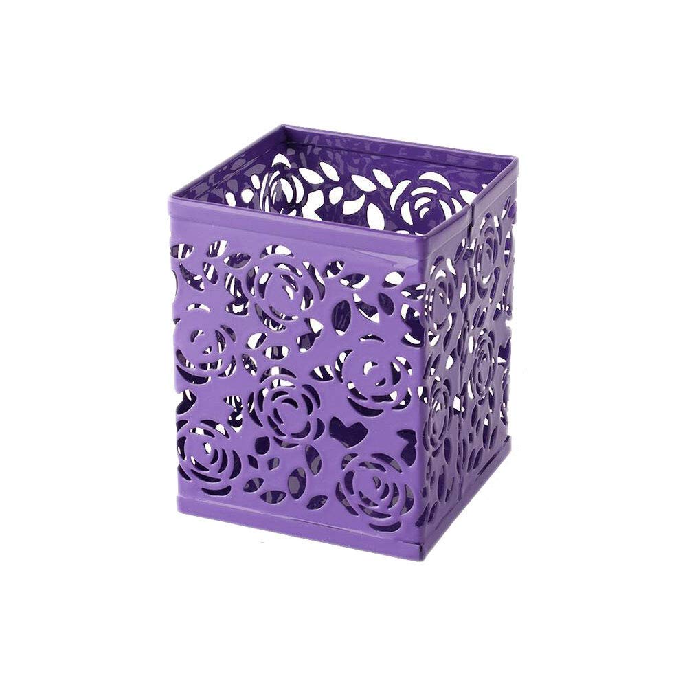 Elegant Hollow Rose Flower Pattern Square Pen Holder - Purple Desktop Stationery Organizer for Pencils, Rulers & Office Supplies | Perfect for Home, Office & School Desks