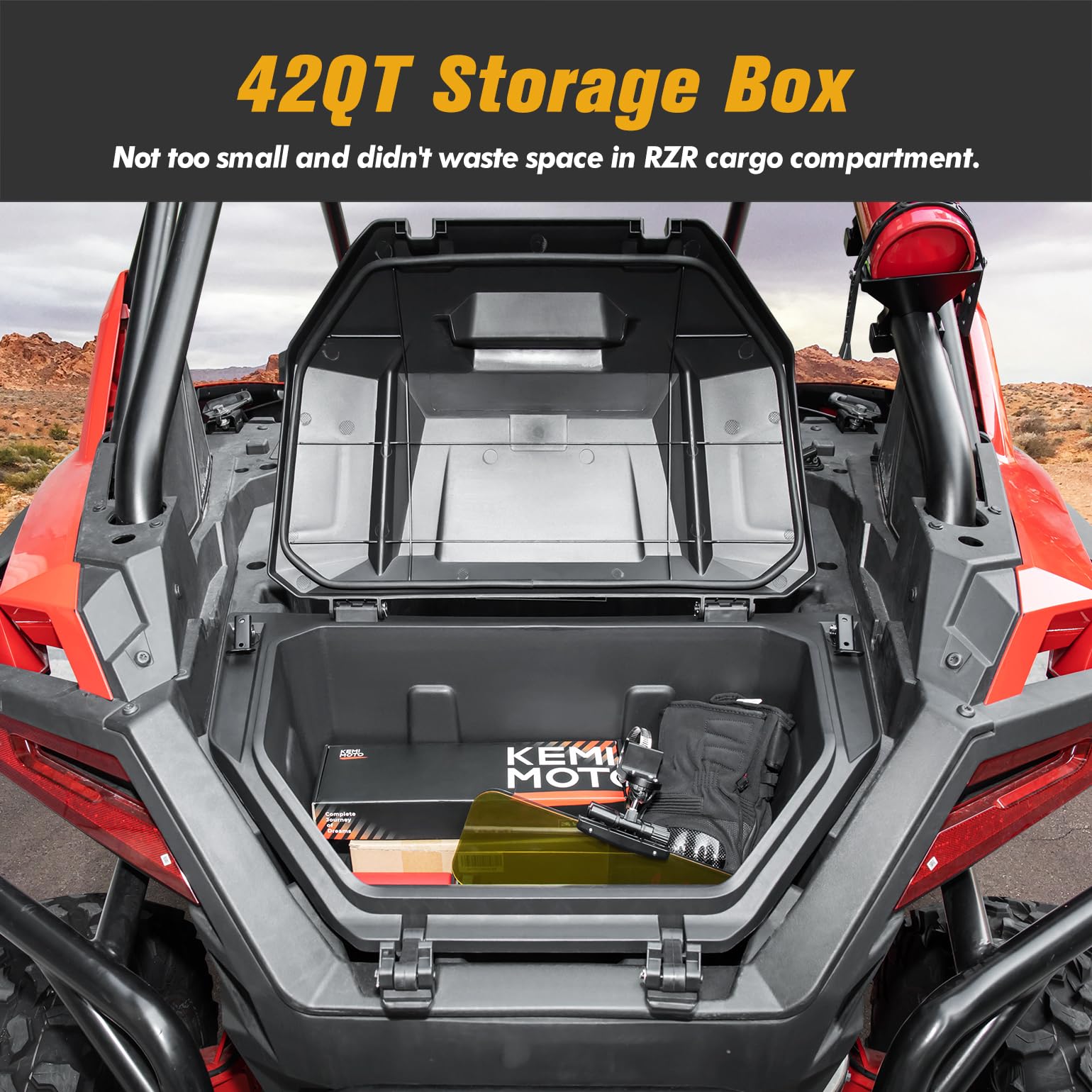 **KEMIMOTO 42QT UTV Cargo Box - Compatible with 2020-2025 Polaris RZR PRO XP/4 Turbo R/4 & 2025 RZR Pro S - Upgraded Lockable Storage Box for Rear Bed Gear & Tools - Low-Density Durable Design - Perfect for Off-Road Adventures & Outdoor Gear Organization**
