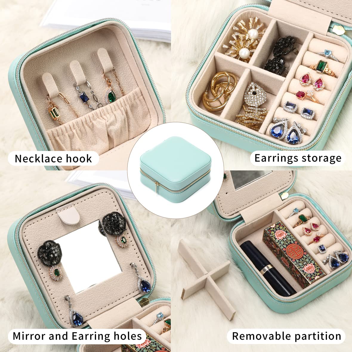Portable Jewelry Travel Case with Mirror - Small Jewelry Organizer Box for Rings, Earrings, Necklaces | Compact Storage for Travel, Home & Gifts (Blue)