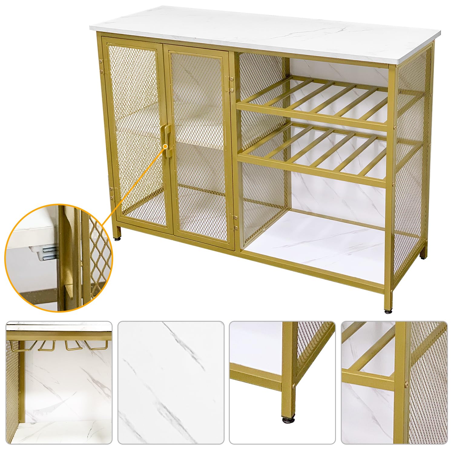 AT-VALY Bar Cabinet with Wine Rack & Glass Holder - Small Buffet Sideboard with Mesh Doors, Gold Finish - Perfect for Home Bar, Dining Room & Kitchen Storage