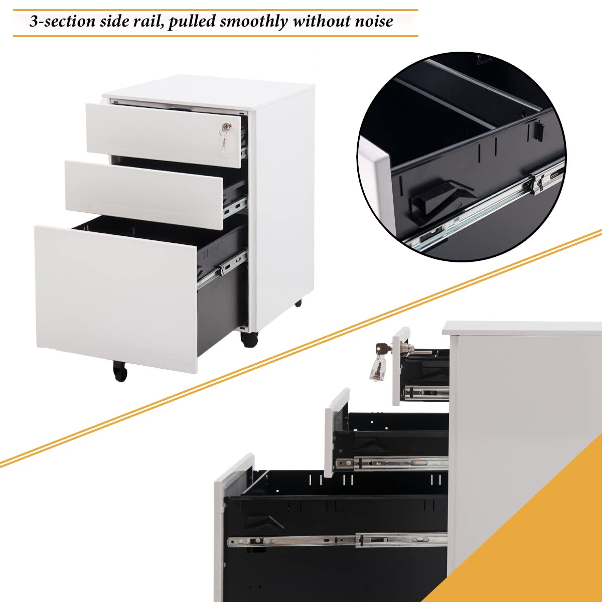 3-Drawer Metal File Cabinet with Lock & Wheels - Large Under Desk Storage for Office & Home - Fully Assembled White Filing Cabinet - Perfect for Organizing Documents, Files & Office Supplies