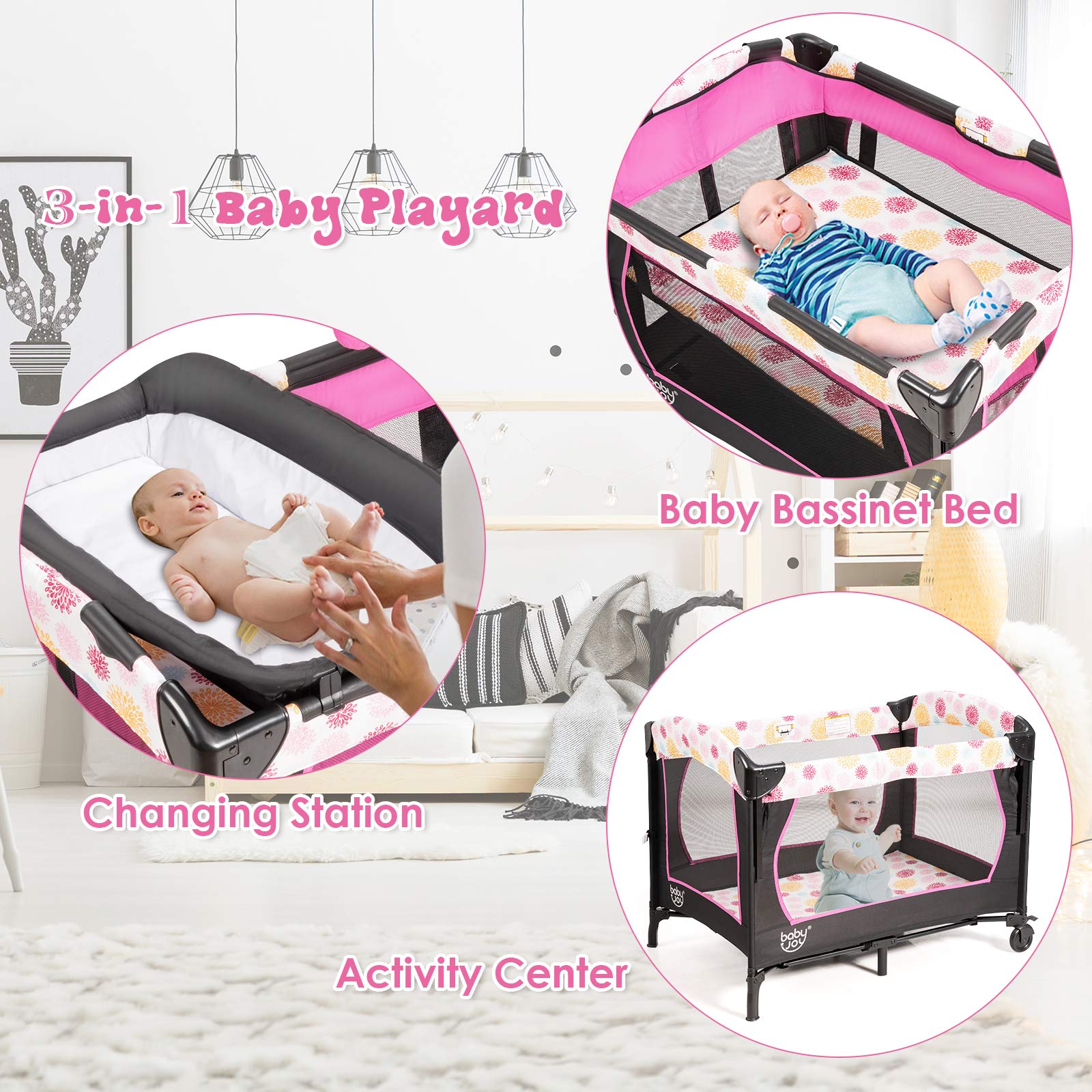 BABY JOY 4-in-1 Portable Playard with Bassinet & Changing Table - Adjustable Height Baby Bedside Sleeper with Music Box - Easy Fold & Carry for Newborn to Toddler - Perfect for Nursery, Travel & Co-Sleeping (Rose)