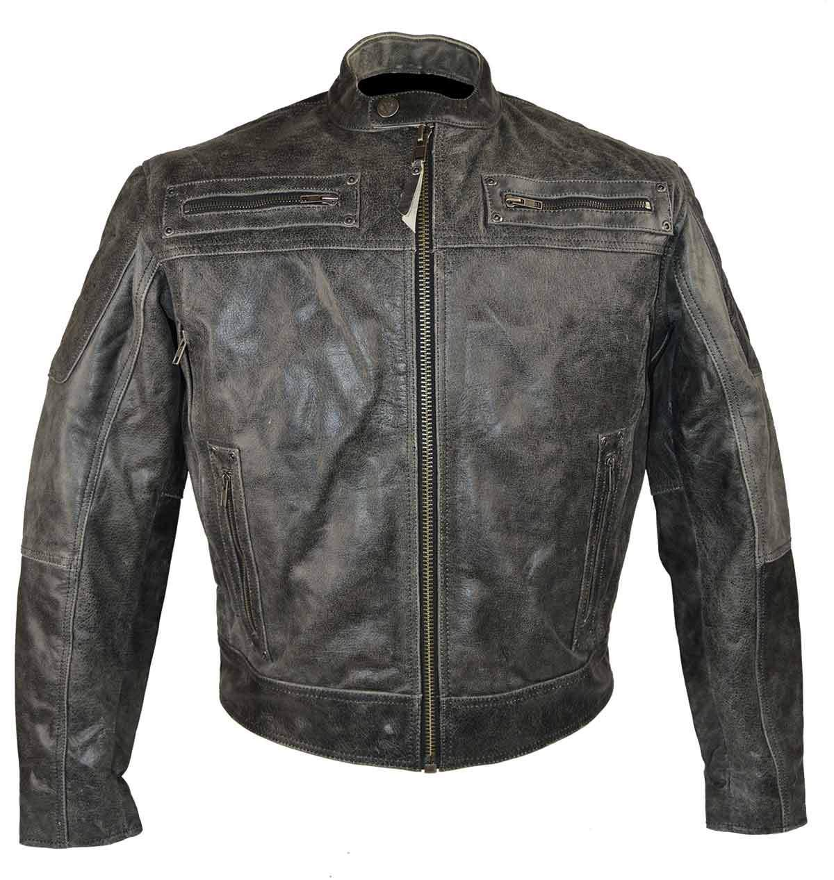 High Mileage Men's Distressed Gray Padded & Vented Leather Scooter Jacket - Motorcycle Riding, Casual Wear, Urban Fashion