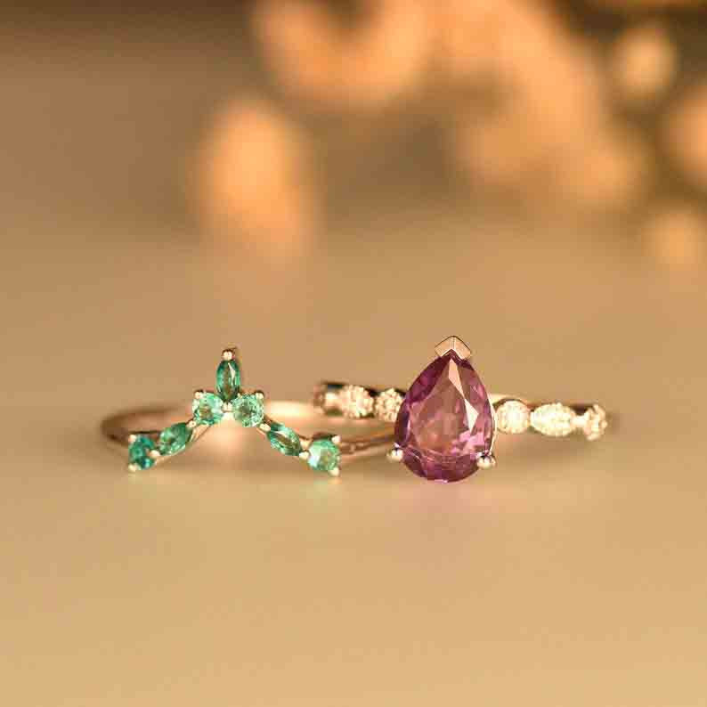 Classic Dora Pear Shaped Alexandrite Diamond Bridal Ring Set with Emerald Stackable Band | Elegant Wedding, Engagement & Anniversary Jewelry for Women