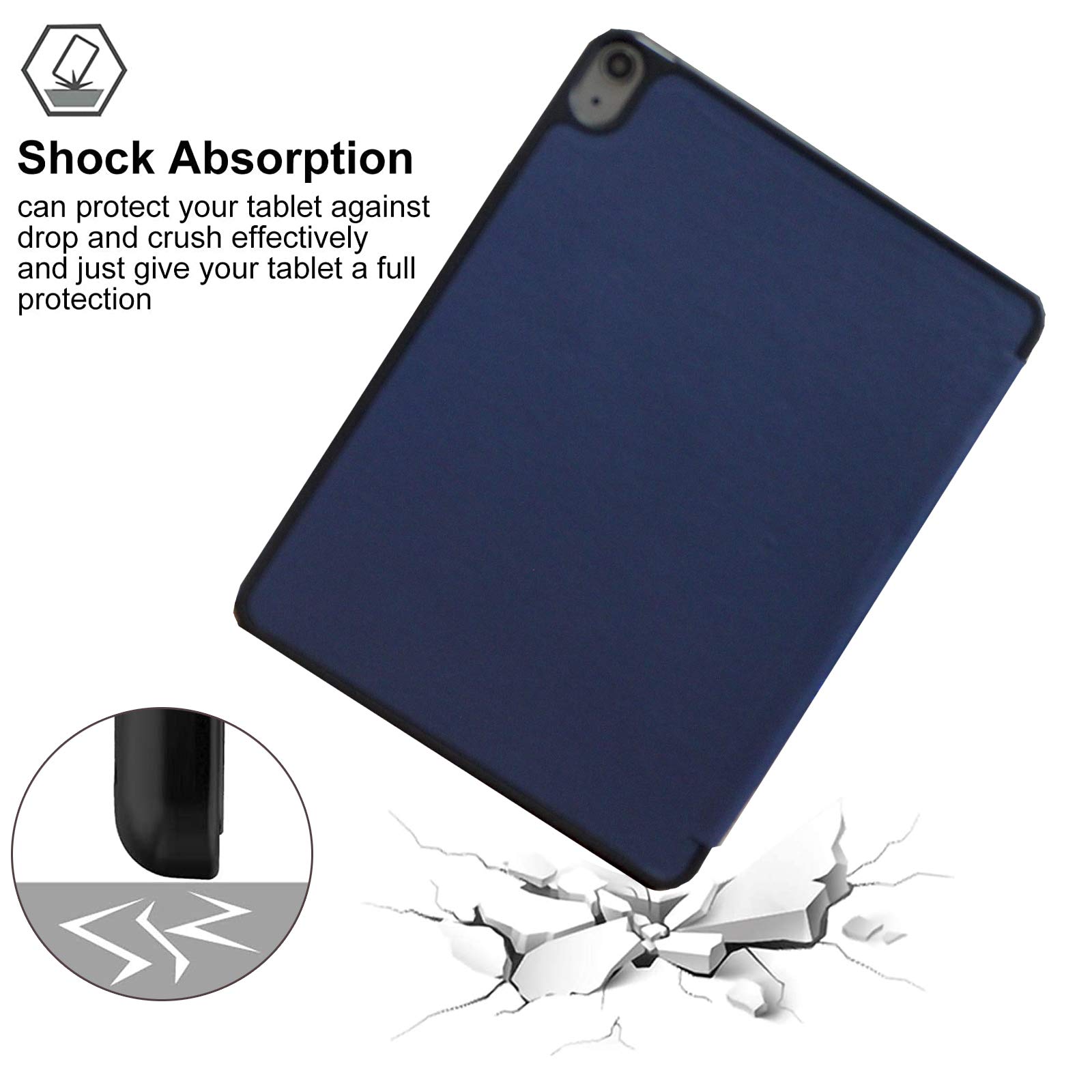 Shockproof Trifold Stand Case for iPad Air 5th Gen 2022 & 4th Gen 2020 (10.9 inch) - Protective Cover Compatible with Models A2588/A2589/A2591/A2316/A2324/A2072 - Navy Blue - Perfect for Work, Study & Travel