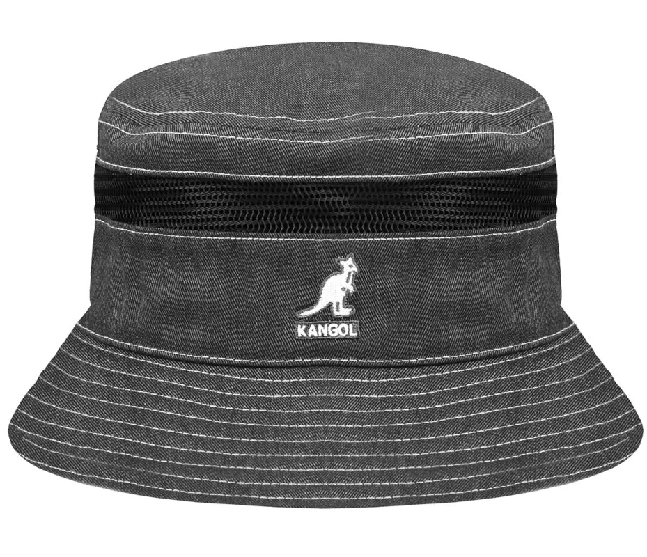 Kangol Distressed Cotton Mesh Bucket Hat for Men & Women - Black Vintage Style Sun Hat for Outdoor, Beach, and Summer Fashion
