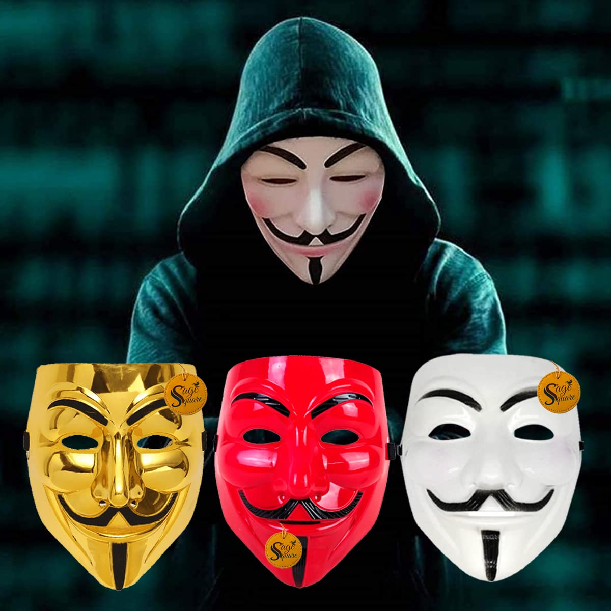 V for Vendetta Anonymous VIP Edition Face Mask Set of 3 - Sage Square White, Red & Golden Fawkes Mask for Cosplay, Halloween, Protests & Political Events - Perfect Fit Breathable Costume Accessory
