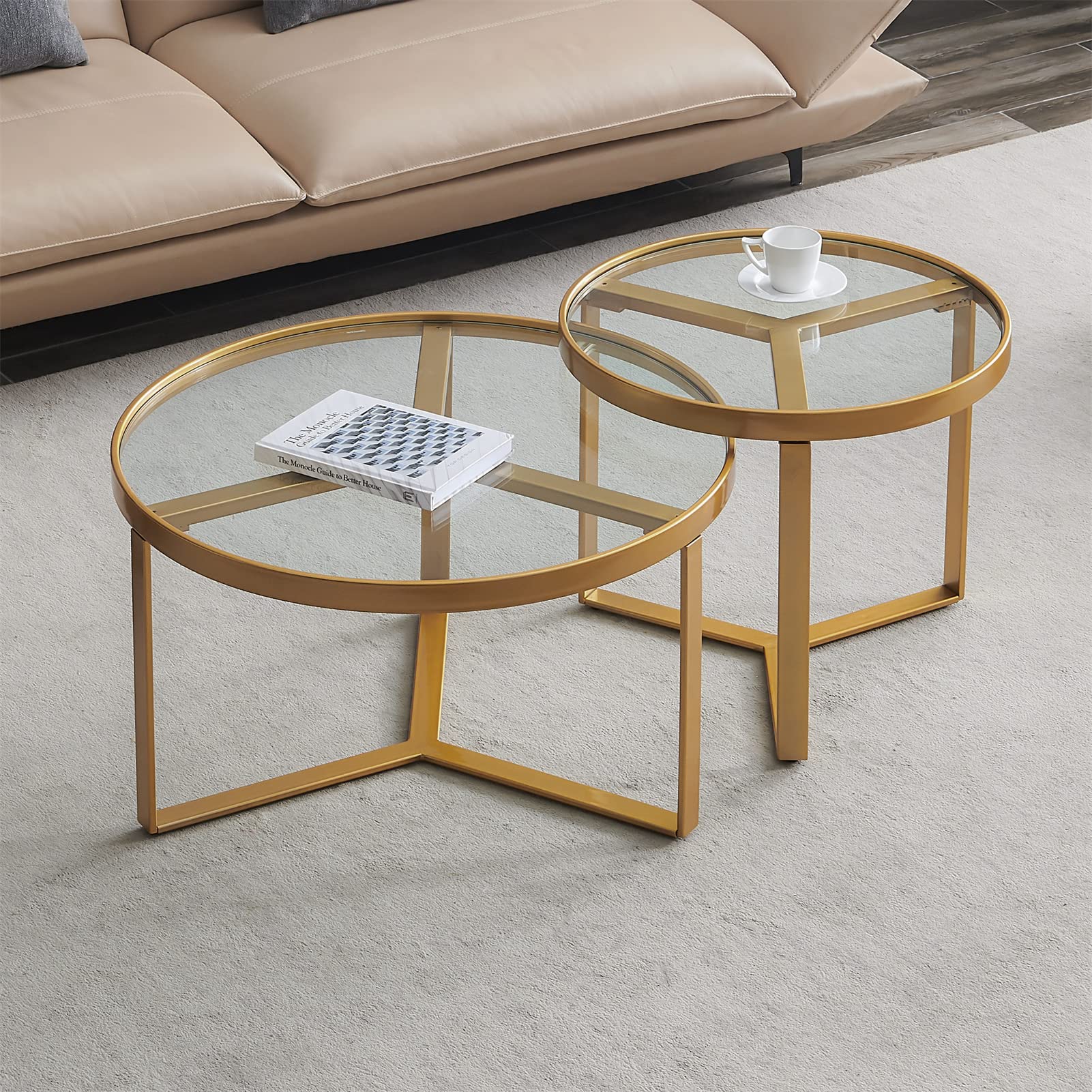 Modern Round Coffee Table Set of 2 - Nesting End Tables with Golden Metal Frame & Tempered Glass Top - Living Room Furniture for Small Spaces, Perfect for Coffee, Books & Decor