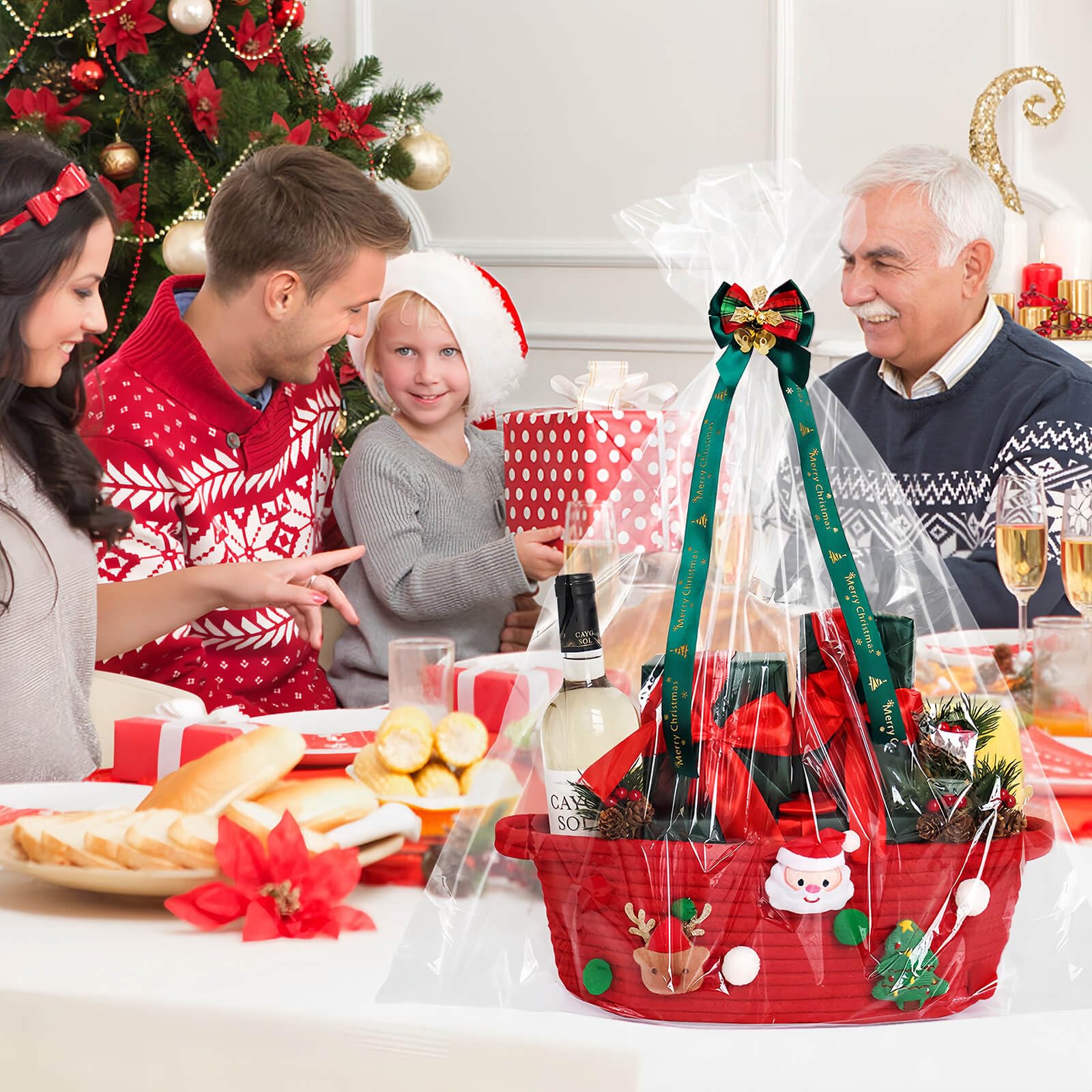 Christmas Gift Basket Set - Small Red Cotton Rope Basket with Gift Bag, Bow Ribbon & Handle | Holiday Wrapping Storage for Toys, Snacks & Home Decor | Perfect Xmas Gifts for Women, Men & Kids | Great for Holiday Parties, Gift Exchanges & Festive Home Decor