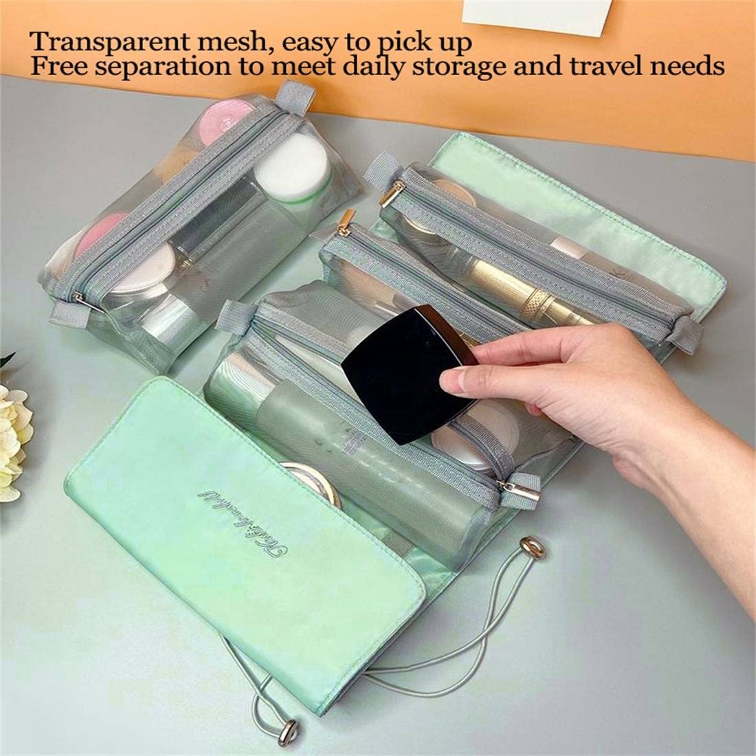 Large Waterproof Hanging Makeup Bag - Foldable Travel Cosmetic Organizer with Detachable Compartments, Green Toiletry Storage for Women | Perfect for Travel, Gym, and Daily Beauty Essentials
