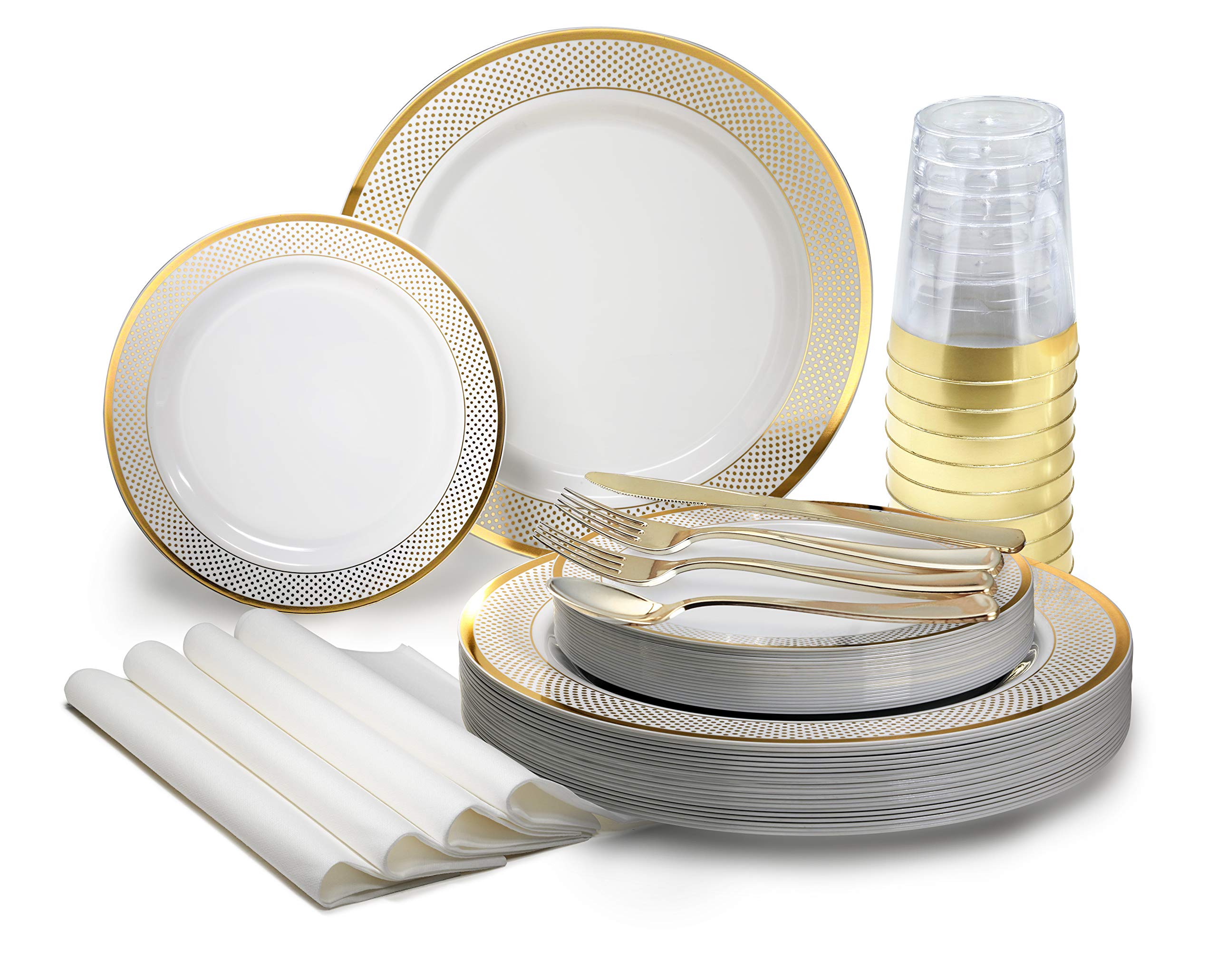 200-Piece Heavyweight Disposable Plastic Plate Set for Weddings & Parties - 25 x 10.5'' Dinner Plates + 25 x 7.5'' Dessert Plates + Silverware + Cups + Napkins (White & Gold) - Perfect for Wedding Receptions, Bridal Showers & Large Gatherings