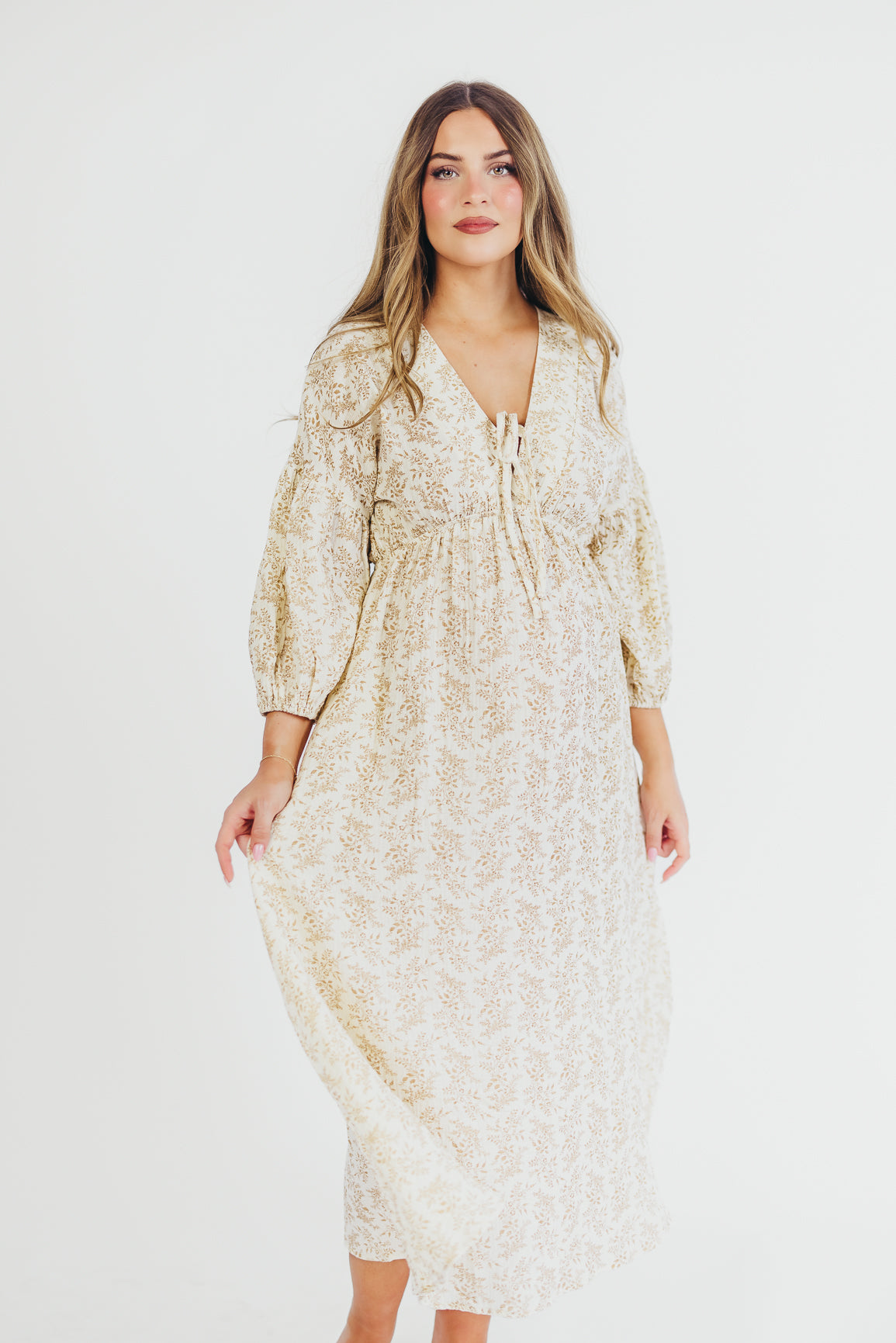 Hunter 100% Cotton Gauze Midi Dress - Natural/Tan Floral Print | Bump Friendly Maternity & Inclusive Sizes S-XXL | Perfect for Summer Vacations, Beach Weddings & Boho Chic Outfits