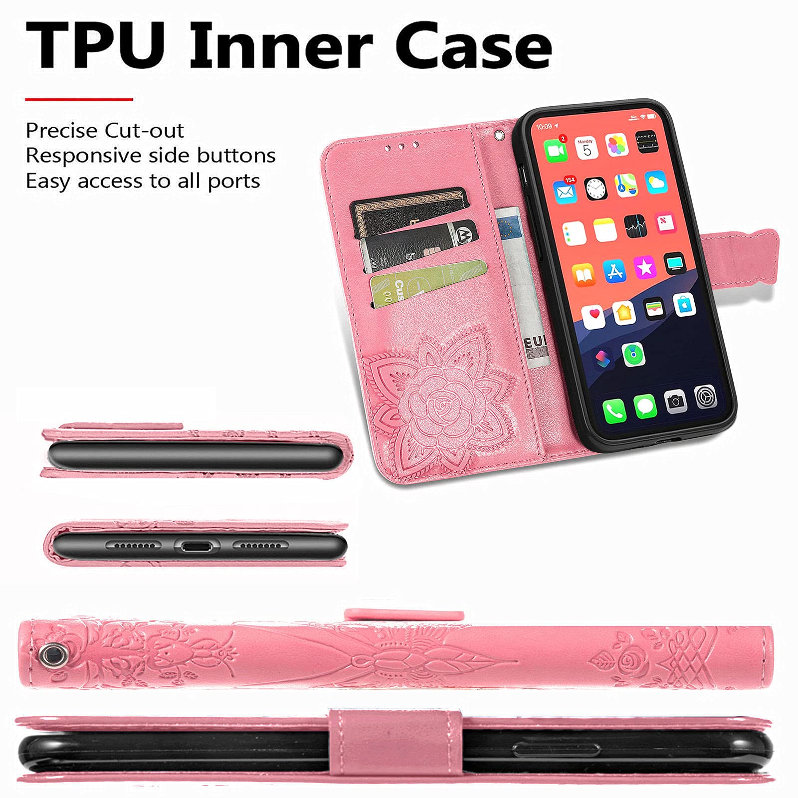 Premium PU Leather Wallet Case for iPhone 13 Pro Max - Flip Cover with Card Slots, Wrist Strap & Kickstand | Butterfly Flower Embossed Design in Pink | Perfect for Everyday Use, Travel & Hands-Free Convenience