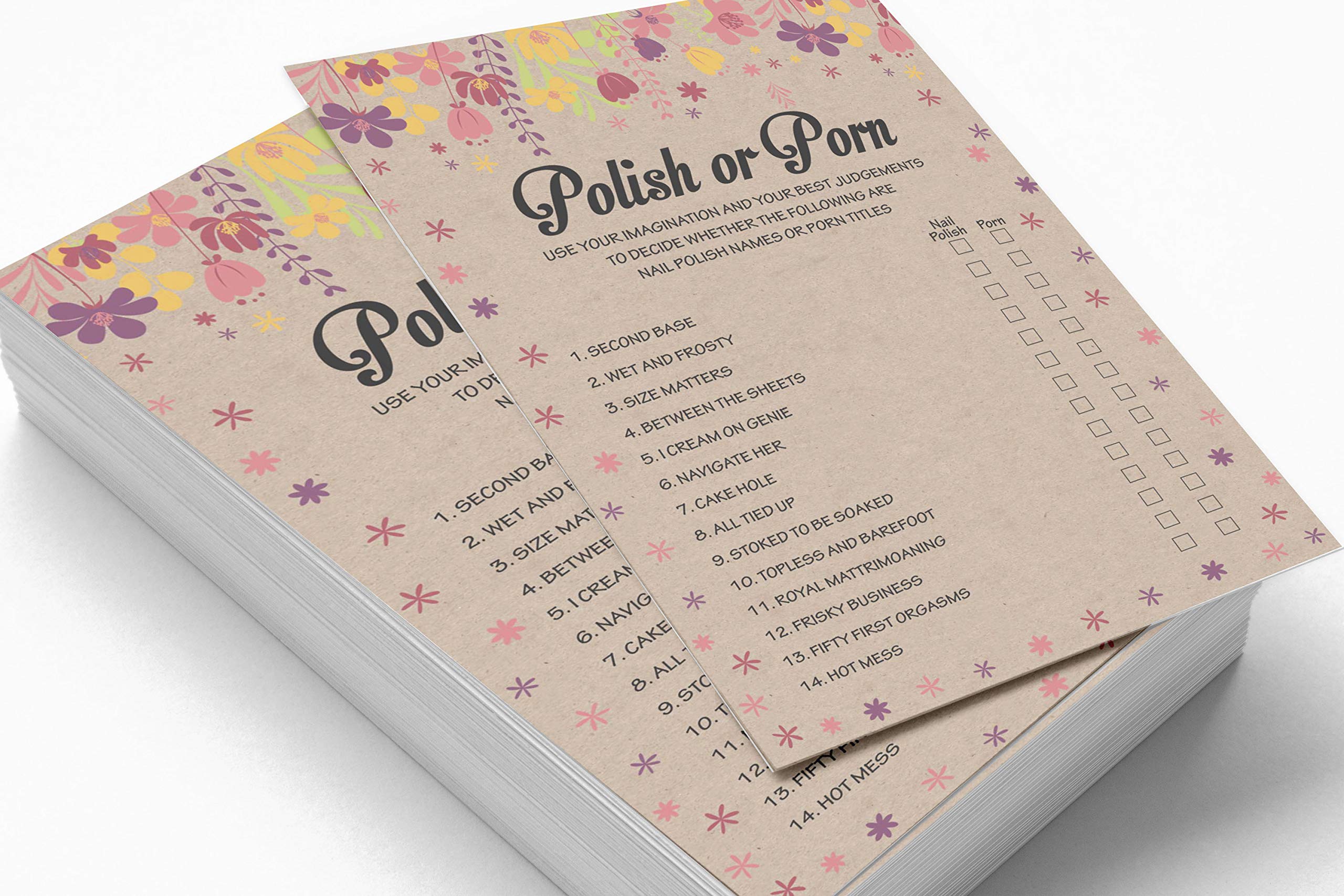 50-Pack Rustic Kraft Floral Bachelorette Party Cards - Bridal Shower Games, Polish or Porn Game Cards for Wedding Activities & Girls Night Fun
