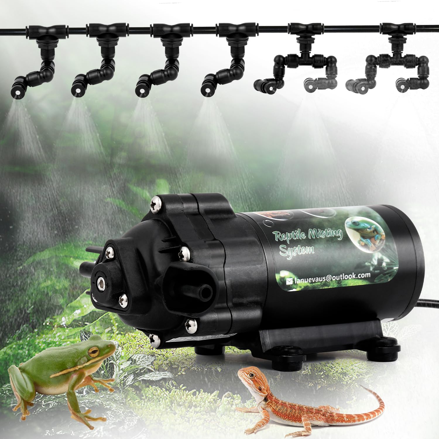 LANUEVA Reptile Humidifier - Quiet Terrarium Fogger with 6 Misting Nozzles (4 Single + 2 Double) | Automatic Spray System for Chameleons, Lizards, Snakes & Frogs | Perfect for Reptile Tanks, Vivariums & Pet Habitats (Pump without Timer)