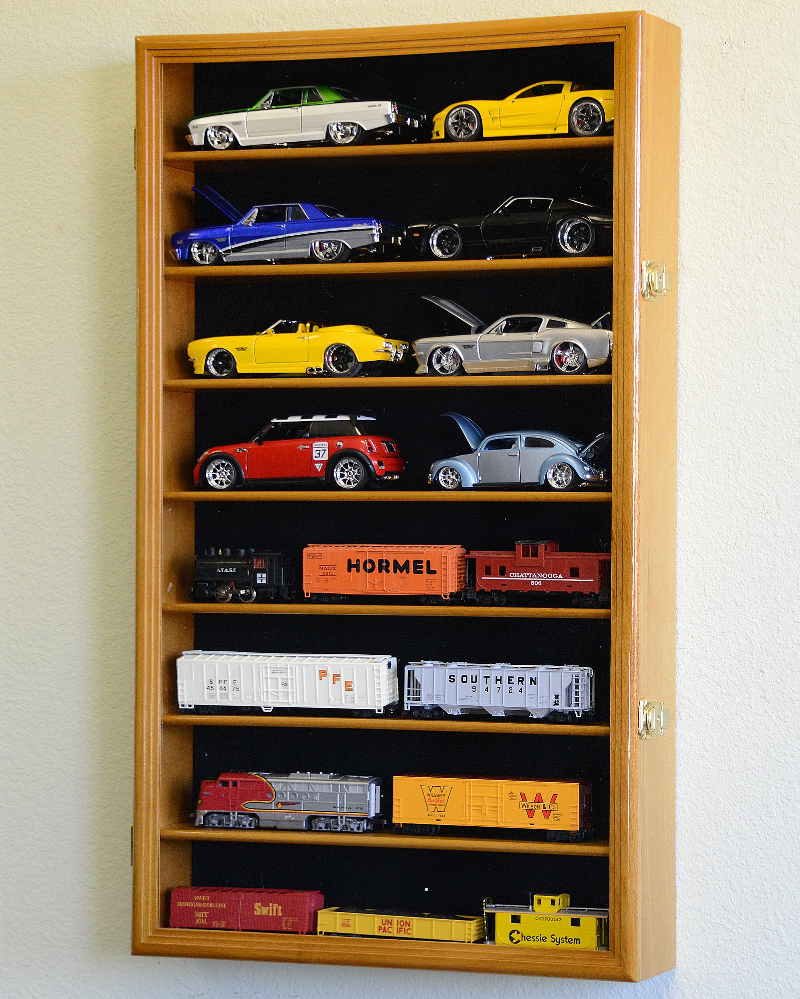 1/24 Scale Diecast Model Car Display Case - Holds 16 Large 1:24 Scale Cars - Oak Finish Wooden Cabinet for Collectors - Perfect for Showcasing Diecast Collections in Home or Office Display