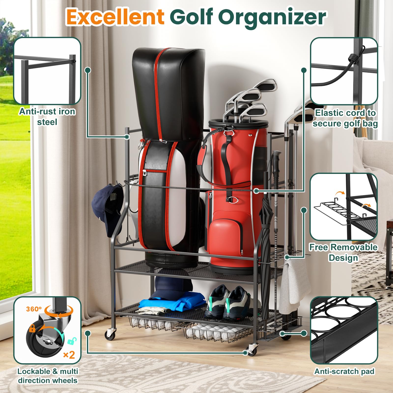 VOPEAK Golf Bag Stand & Organizer - Portable Golf Club Storage for Golf Balls & Equipment Accessories | Easy Assembly Golf Gear Organizer for Garage, Home & Golf Course Use