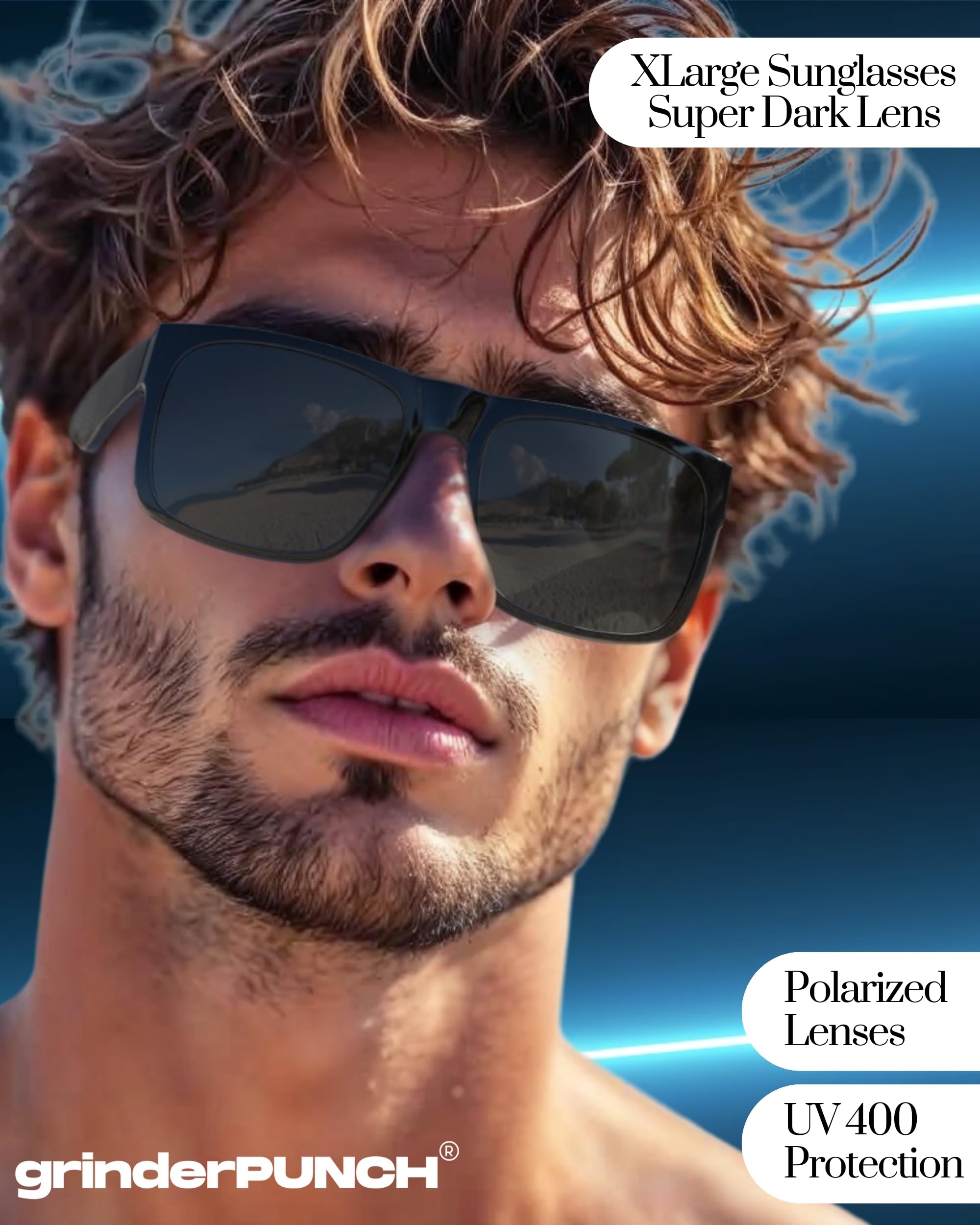grinderPUNCH XL Polarized Sunglasses for Big Heads & Wide Faces - Extra Large Oversized Driving Glasses for Men & Women - Perfect for Road Trips, Beach & Outdoor Activities