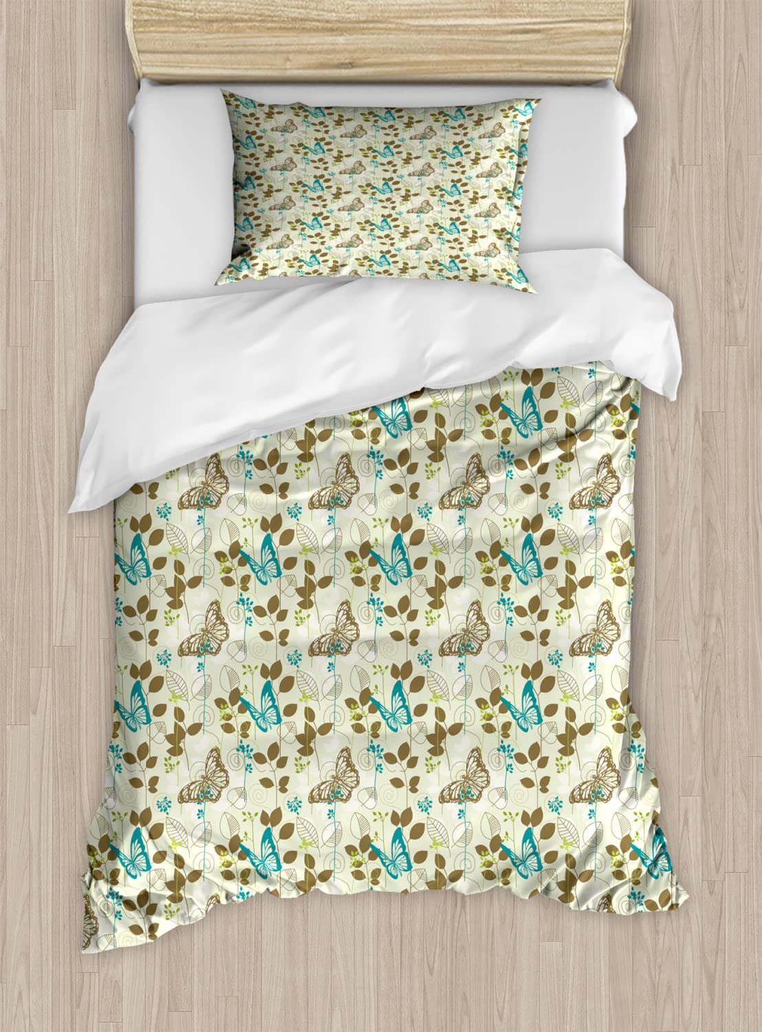 Ambesonne Abstract Duvet Cover Set - Monarch Butterfly Silhouette on Dotted Swirls Palm Leaves Design, 2-Piece Twin Size Bedding Set with 2 Duvet Covers & 2 Pillowcases, Teal Green & Brown - Perfect for Kids Room, Guest Bedroom & Bohemian Home Decor