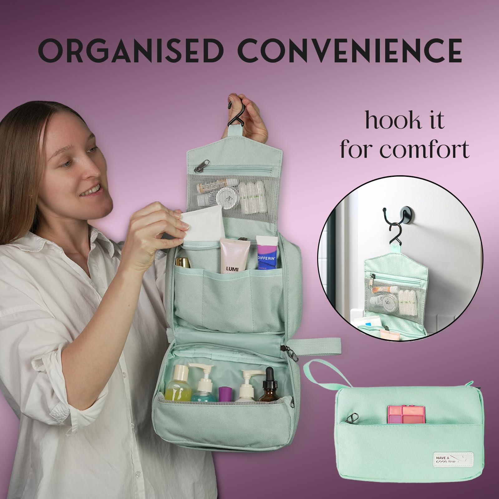 TSA Approved Hanging Travel Toiletry Bag for Women - Lightweight Portable Cosmetic Organizer with Hook, Small Carry-On Dopp Kit for Toiletries & Accessories | Perfect for Overnight Trips, Business Travel & Vacation (Green)