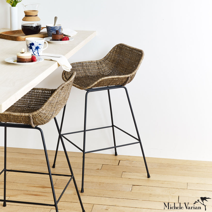 Modern Rattan Counter Stool - Natural Woven Bar Stool for Kitchen Island, Breakfast Nook & Outdoor Dining - 24
