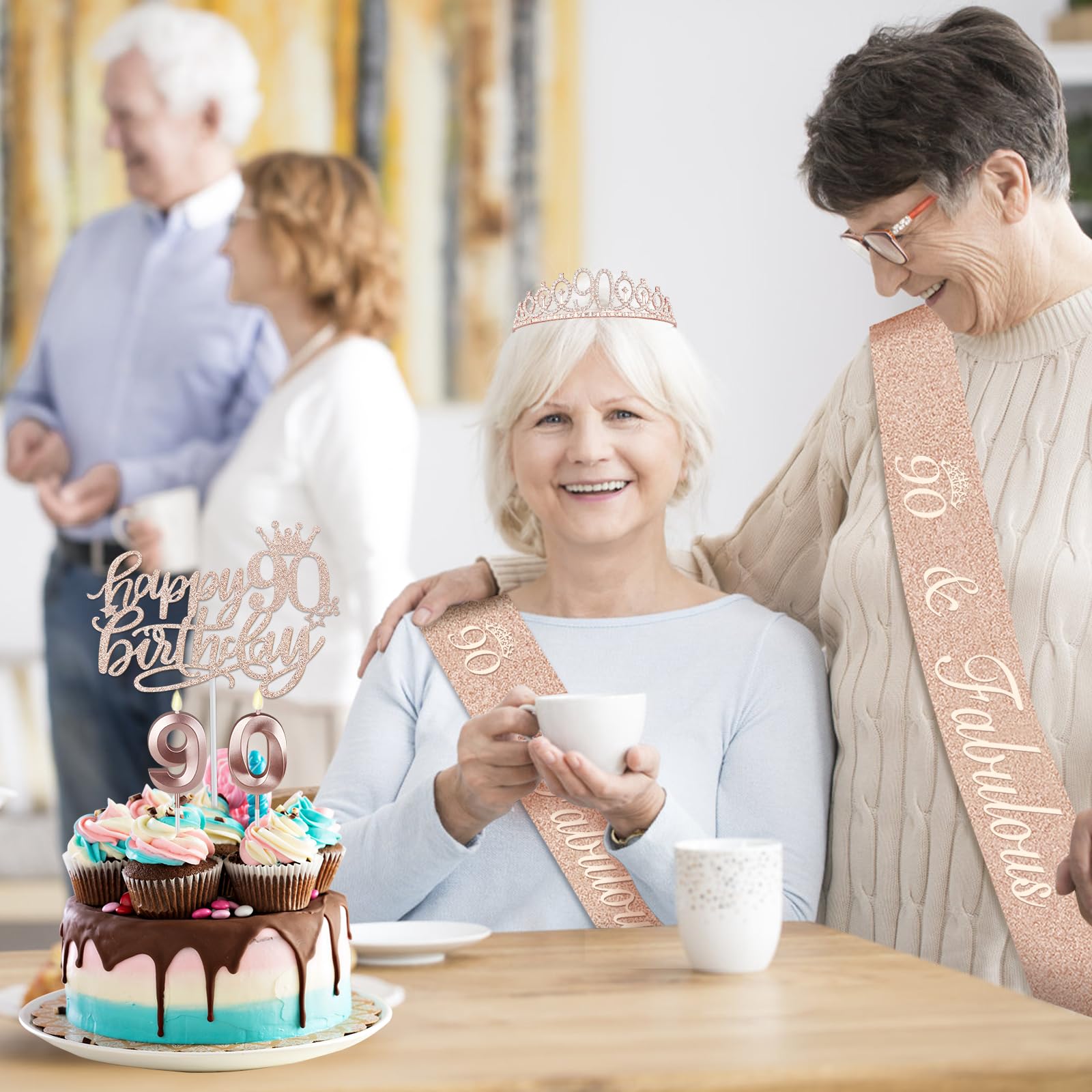 90th Birthday Party Decorations for Women - Elegant Crown/Tiara, Satin Sash, Cake Topper & Candles Set - Perfect for Milestone Celebrations, Retirement Parties & Special Occasions