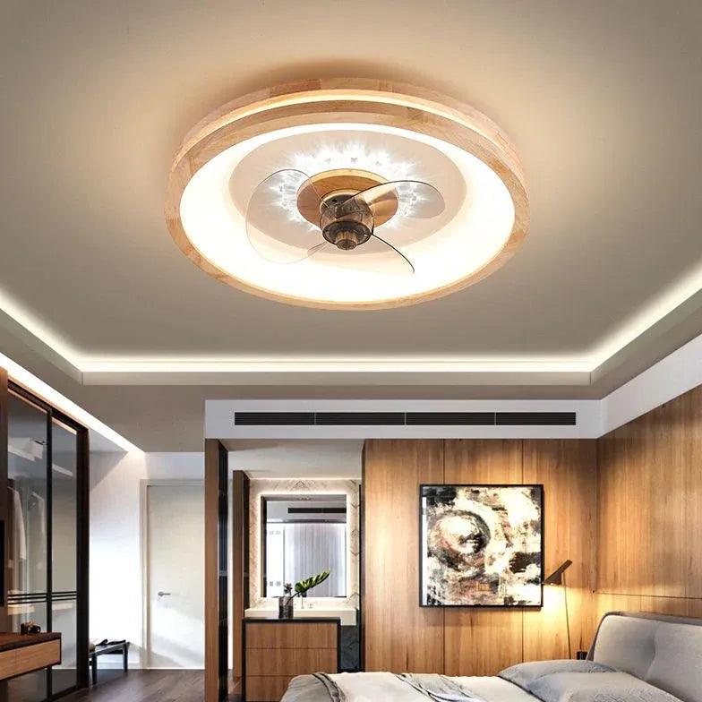Modern Round Border Wooden Ceiling Fan with LED Light - Energy Efficient Indoor Cooling for Living Room, Bedroom & Office