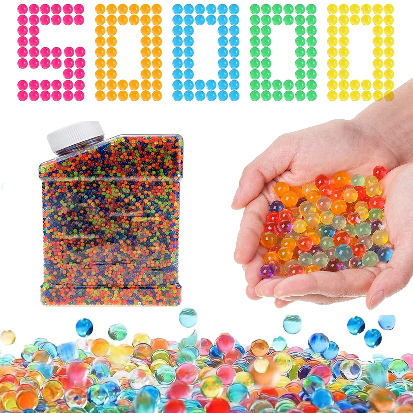 7-8mm 50,000 Gel Balls Refill Ammo for Gel Blaster - Multi-Color Water Beads with Square Storage Bottle | Splatter Ball Blaster Ammo for Outdoor Games, Team Battles & Backyard Fun