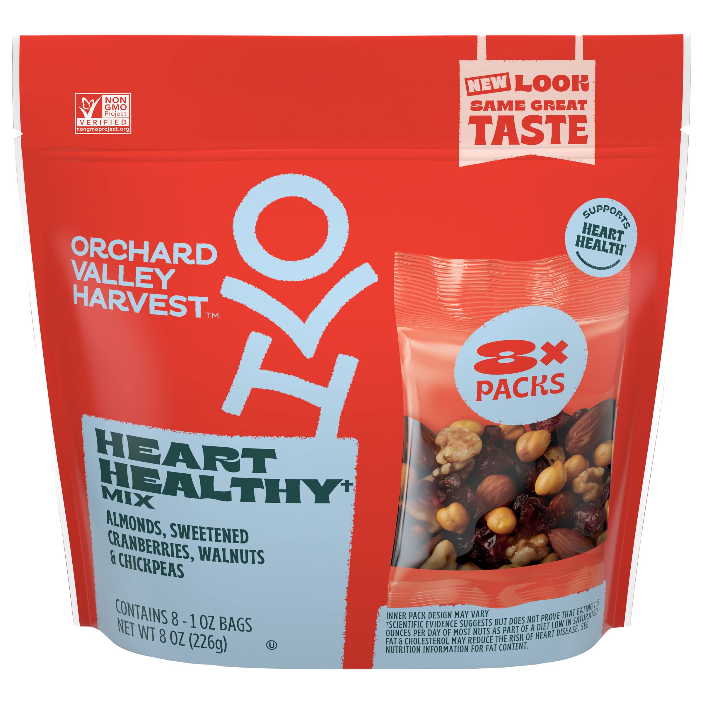 Orchard Valley Harvest Heart Healthy Snack Mix - 1 oz (Pack of 8) | Almonds, Cranberries, Walnuts & Chickpeas | Gluten Free, Non-GMO, No Artificial Ingredients | Resealable Bag for Freshness | Perfect for On-the-Go Snacking, Office Treats & Kids Lunchboxes