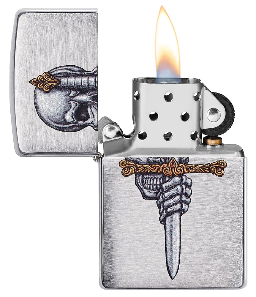 Zippo Sword Skull Design Brushed Chrome Windproof Pocket Lighter - Perfect for Outdoor Camping, Hiking & Everyday Carry (ECDC)