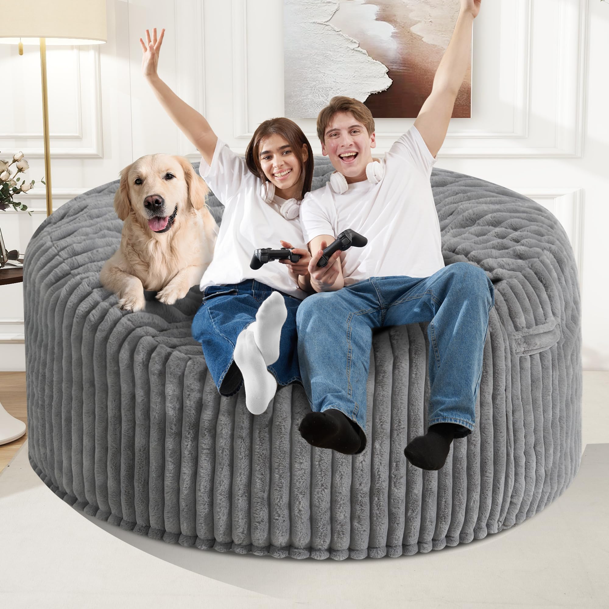 **Homguava 5 FT Memory Foam Bean Bag Chair - Large Soft Plush Sofa with Dutch Corded Cover, Grey - Perfect for Living Room, Bedroom, or Game Room Relaxation**