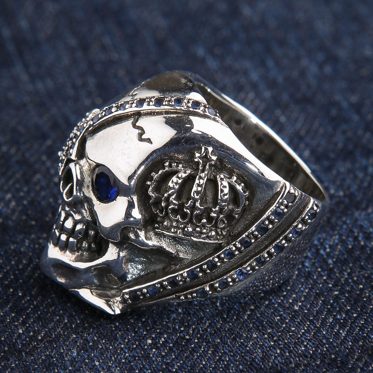 Sterling Silver Sapphire Crown Pirate Skull Ring for Men - Gothic Jewelry, Punk Fashion Accessory, Perfect for Halloween Costume, Cosplay, and Unique Gift Giving