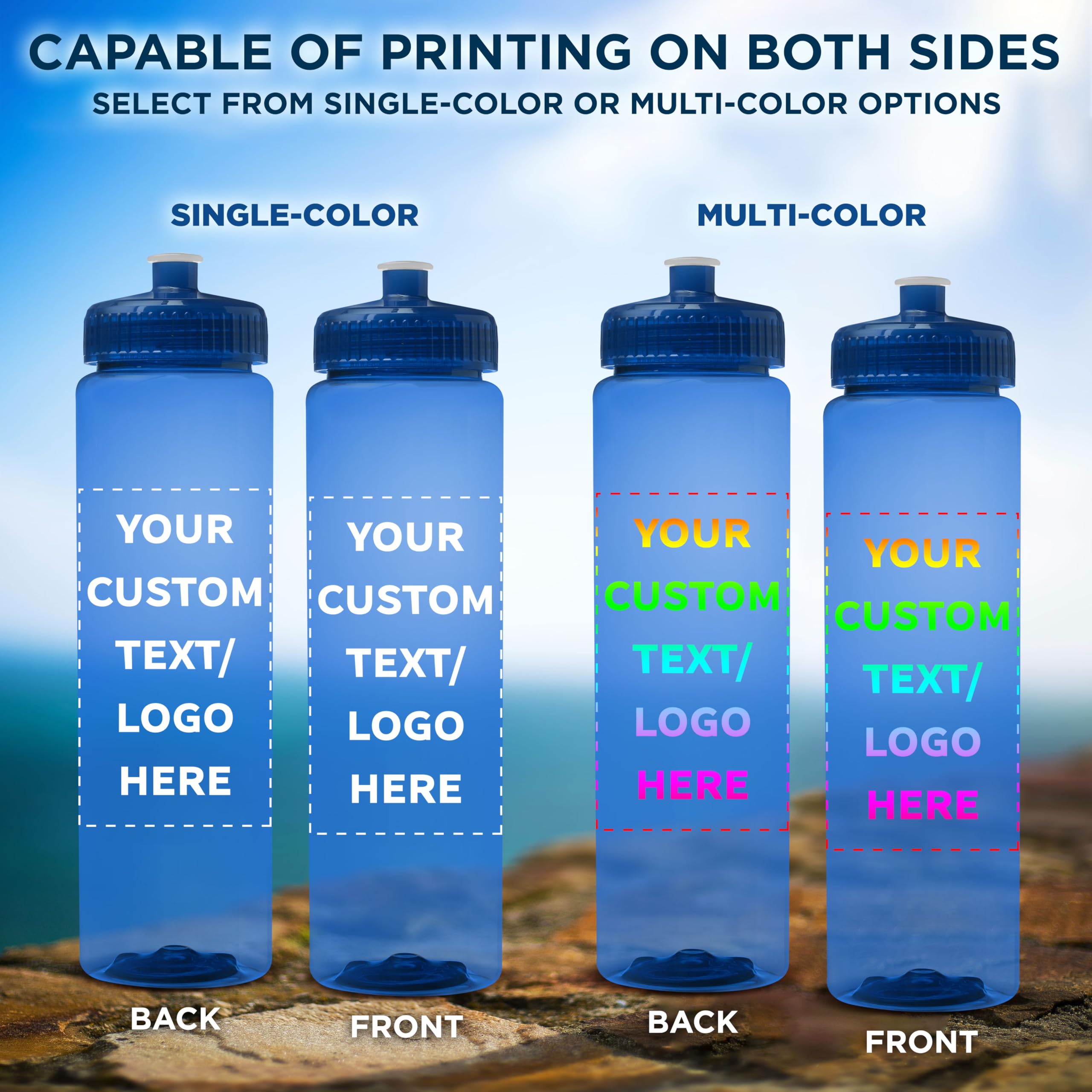 50 Pack 32oz Clear Plastic Water Bottles with Push-Pull Lids - Customizable Text & Logo - Durable, Leak-Proof, Reusable - Transparent Blue - Perfect for Sports, Gym, Office, and Outdoor Activities