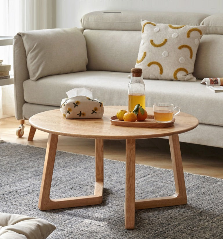 Solid Oak Wood Round Coffee Table - Rustic Modern Living Room Centerpiece for Home Decor & Relaxing with Family