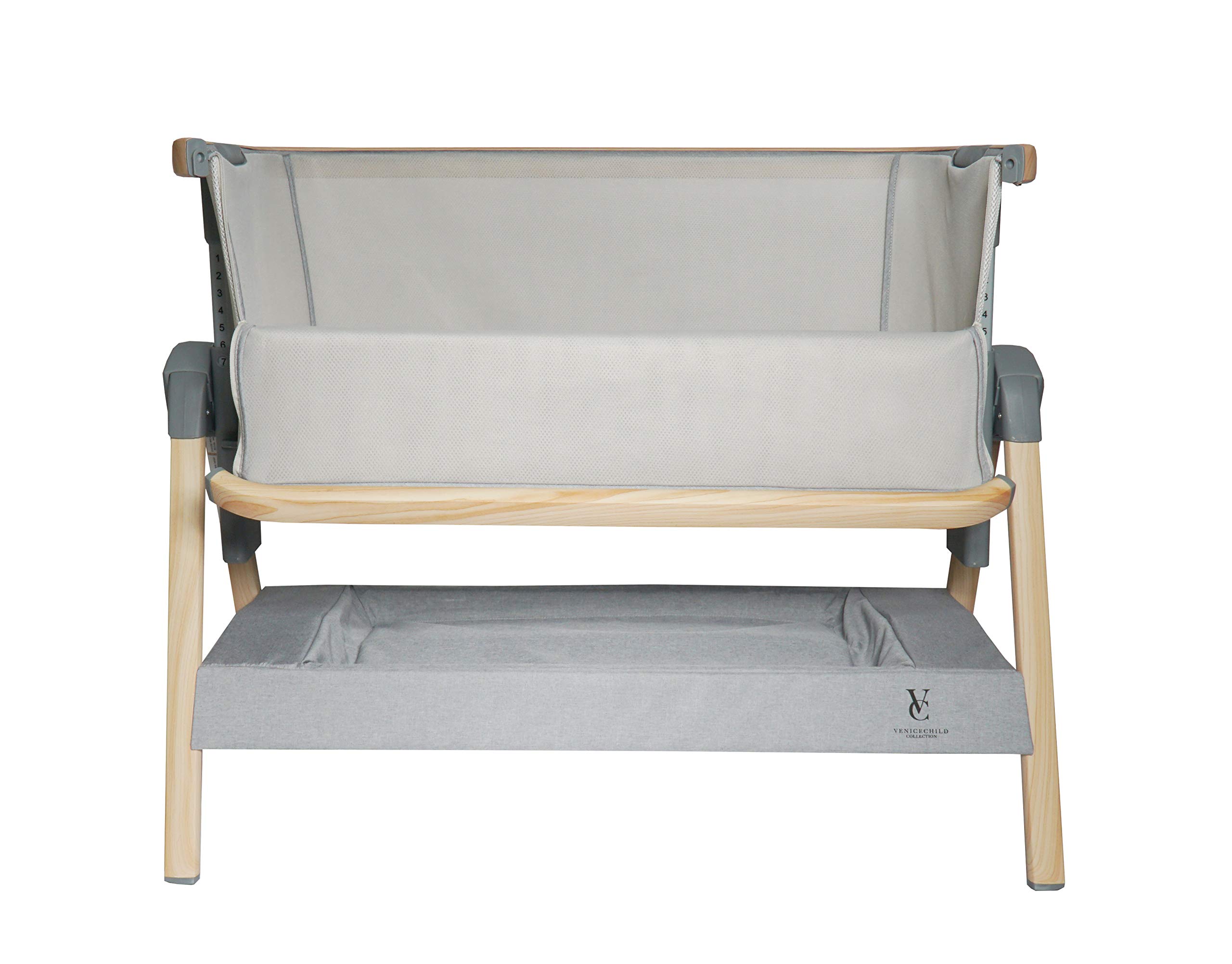 Venice Child California Dreaming Portable Baby Bassinet with Travel Case - Adjustable Height, Removable Bamboo Mattress & Sheet, Easy to Clean (Grey) - Perfect for Nursery, Bedside Co-Sleeping & Travel