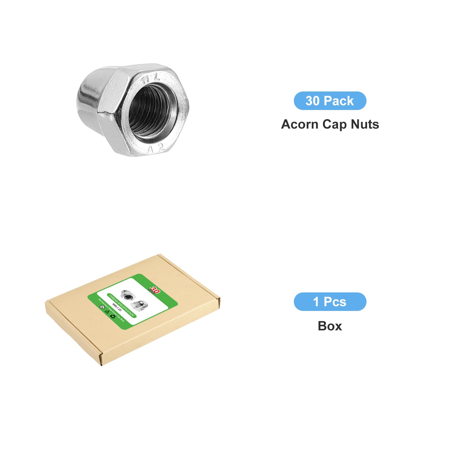uxcell M8x1.25 Acorn Cap Nuts, 30Pcs 304 Stainless Steel Dome Cap Head Nuts for Bolt Cover - Rustproof Hardware Fasteners for Automotive, Furniture & DIY Projects (Silver Finish)