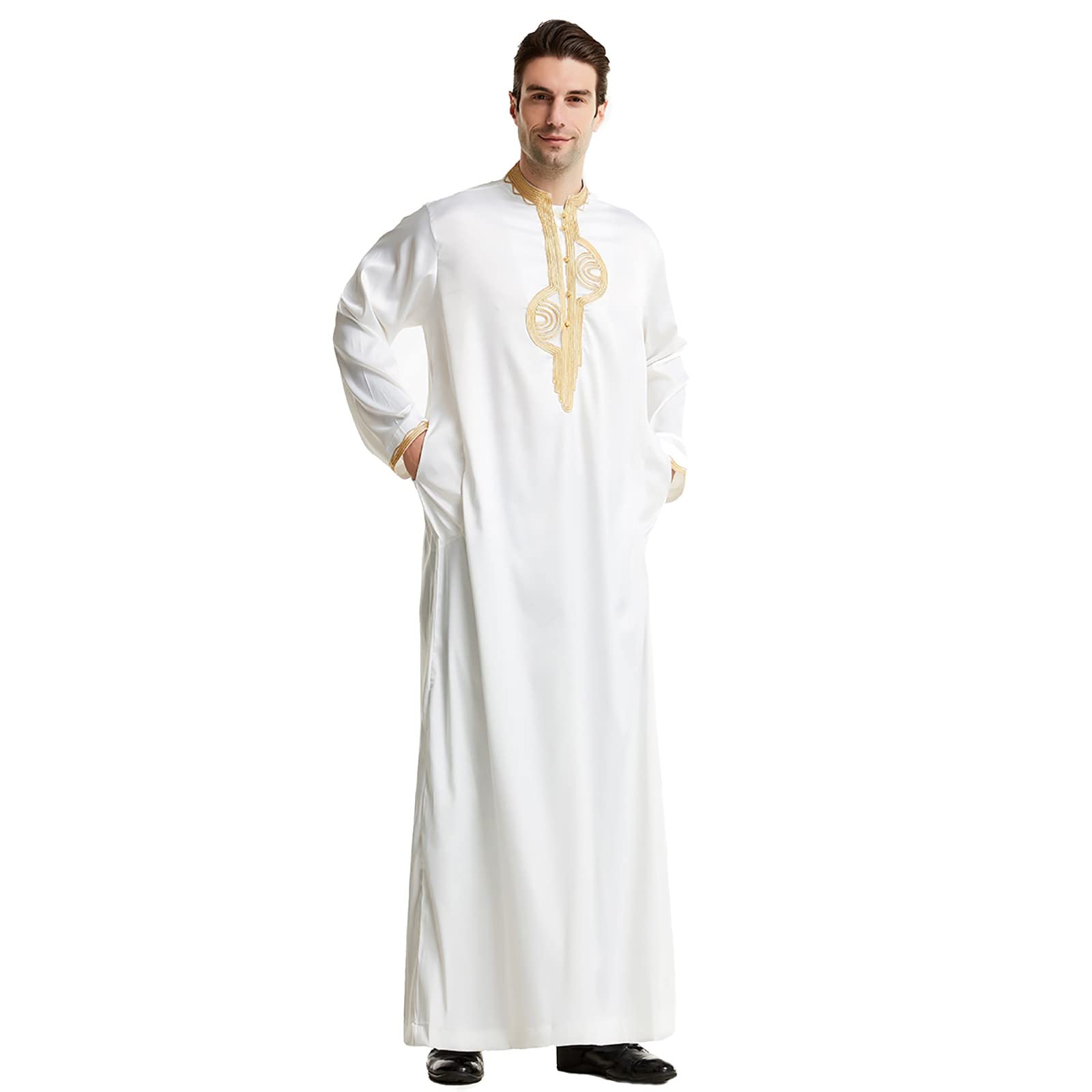 FVOWOH Men's Embroidered Collar Robe - Islamic Thobe for Muslim & Arab Men - Modern Hijab Fashion Summer Wear - Perfect for Prayer, Eid Celebrations & Daily Comfort