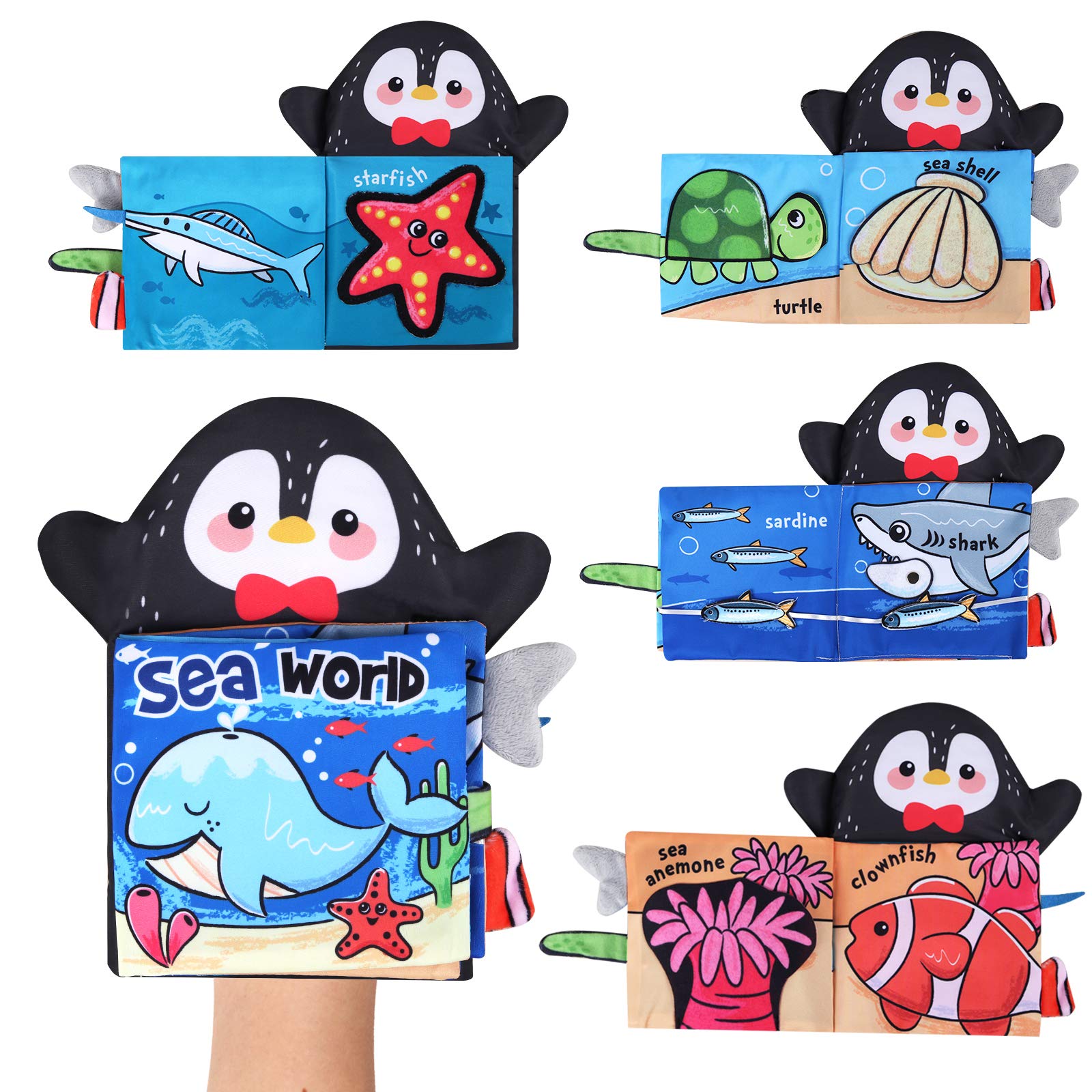 Vanmor Soft Cloth Baby Book with Hand Puppet - Interactive Crinkle Touch & Feel Sea Animal Tail Fabric Activity Book for Infants & Toddlers | Educational Sensory Toy Gift for Baby Girls & Boys | Perfect for Early Learning, Bedtime Stories & Playtime Development