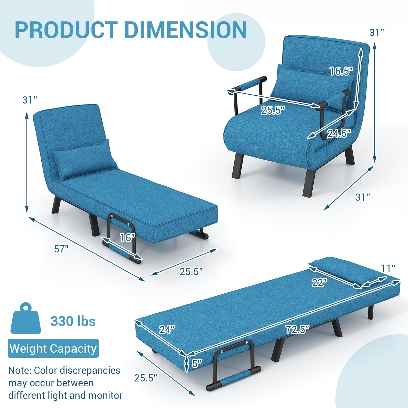 HOMGX 4-in-1 Convertible Sofa Chair Bed - Adjustable Recliner Sleeper with 6-Position Backrest, Foldable Lounge Seat with High Elastic Sponge - Perfect for Living Room, Bedroom, Office & Small Spaces (Blue)