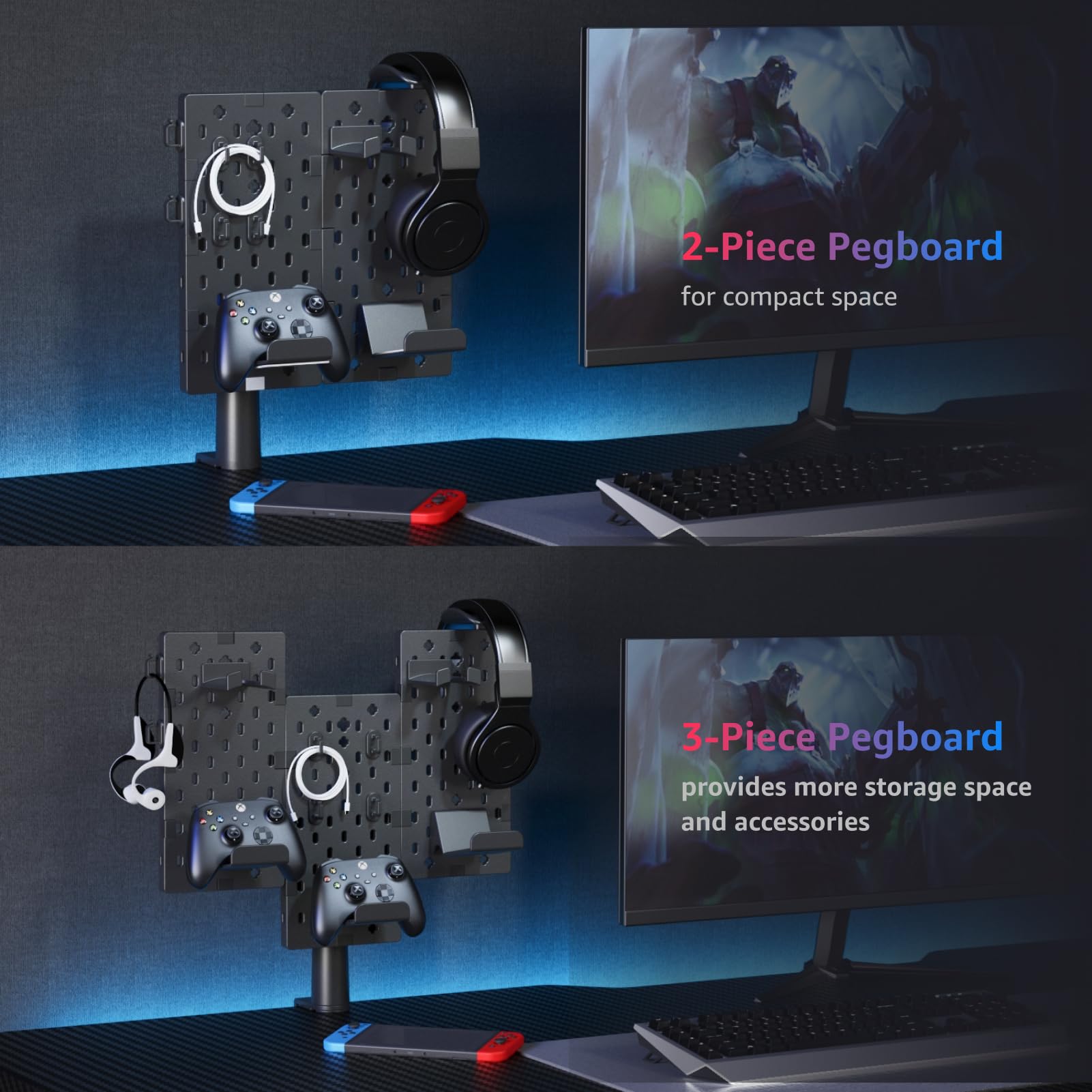 PEGZONE Rotating Gaming Headphone & Controller Holder - Modular Desk Organizer Stand for Xbox PS5 PS4 Nintendo Switch with Cable Hooks & 2 Pegboards (Black) - Perfect for Gaming Setup & Desk Organization