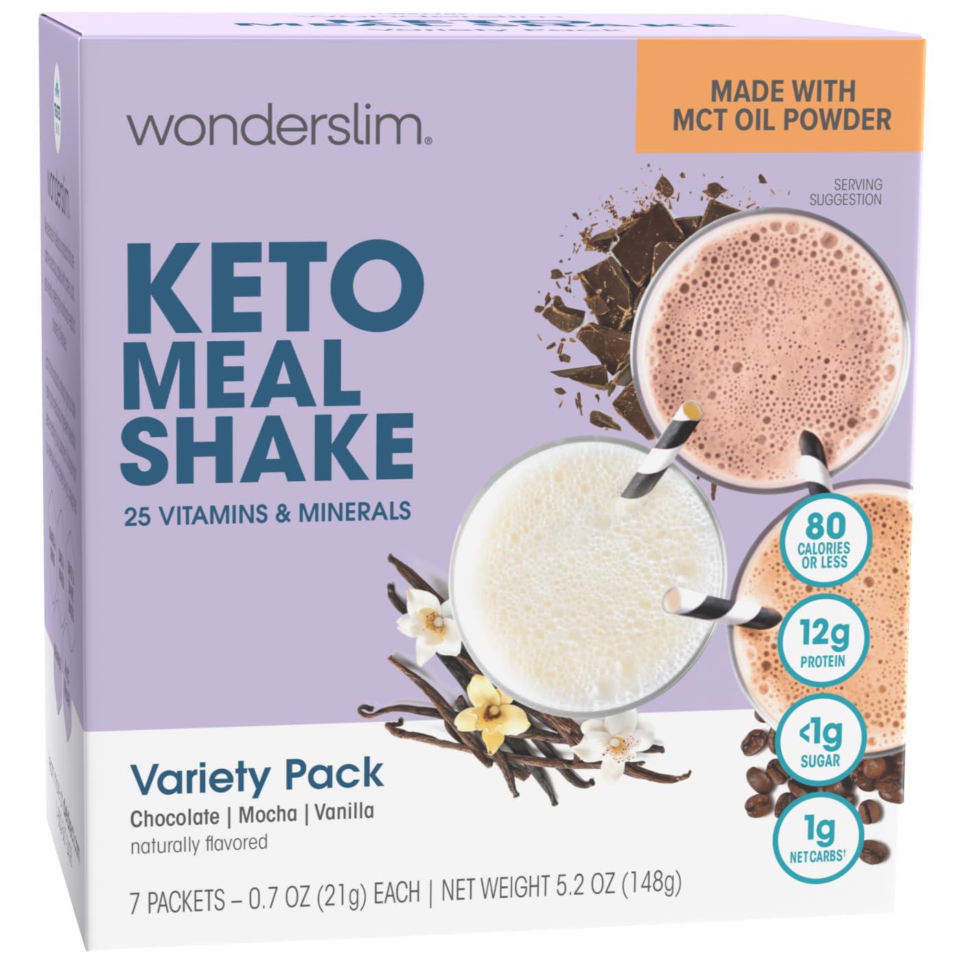 WonderSlim Keto Meal Replacement Shake - Low Carb Protein Powder with C8 MCT Oil, Collagen & 25 Vitamins | Gluten Free Variety Pack (7 Servings) for Weight Loss & Energy Boost - Perfect for Breakfast, Post-Workout or On-the-Go Nutrition