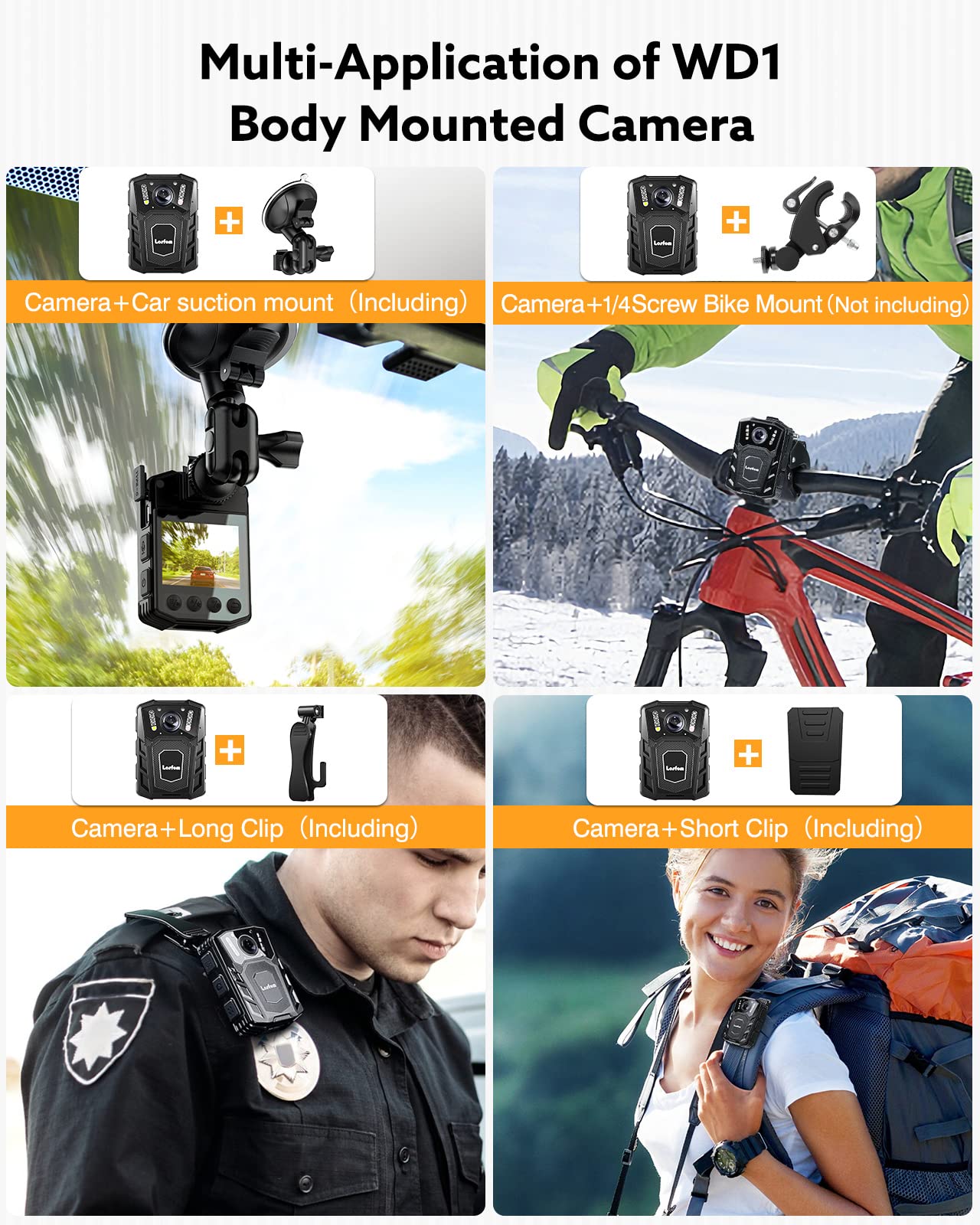 WD1 128GB Police Body Camera with Audio Recording & 1080P HD Video - Infrared Night Vision, Dash Cam for Cars with Suction Cup Mount - 2-in-1 Wearable Camera for Law Enforcement, Security Patrols, Pet Monitoring & Travel Adventures | Perfect for Night Shifts, Road Trips & Home Security