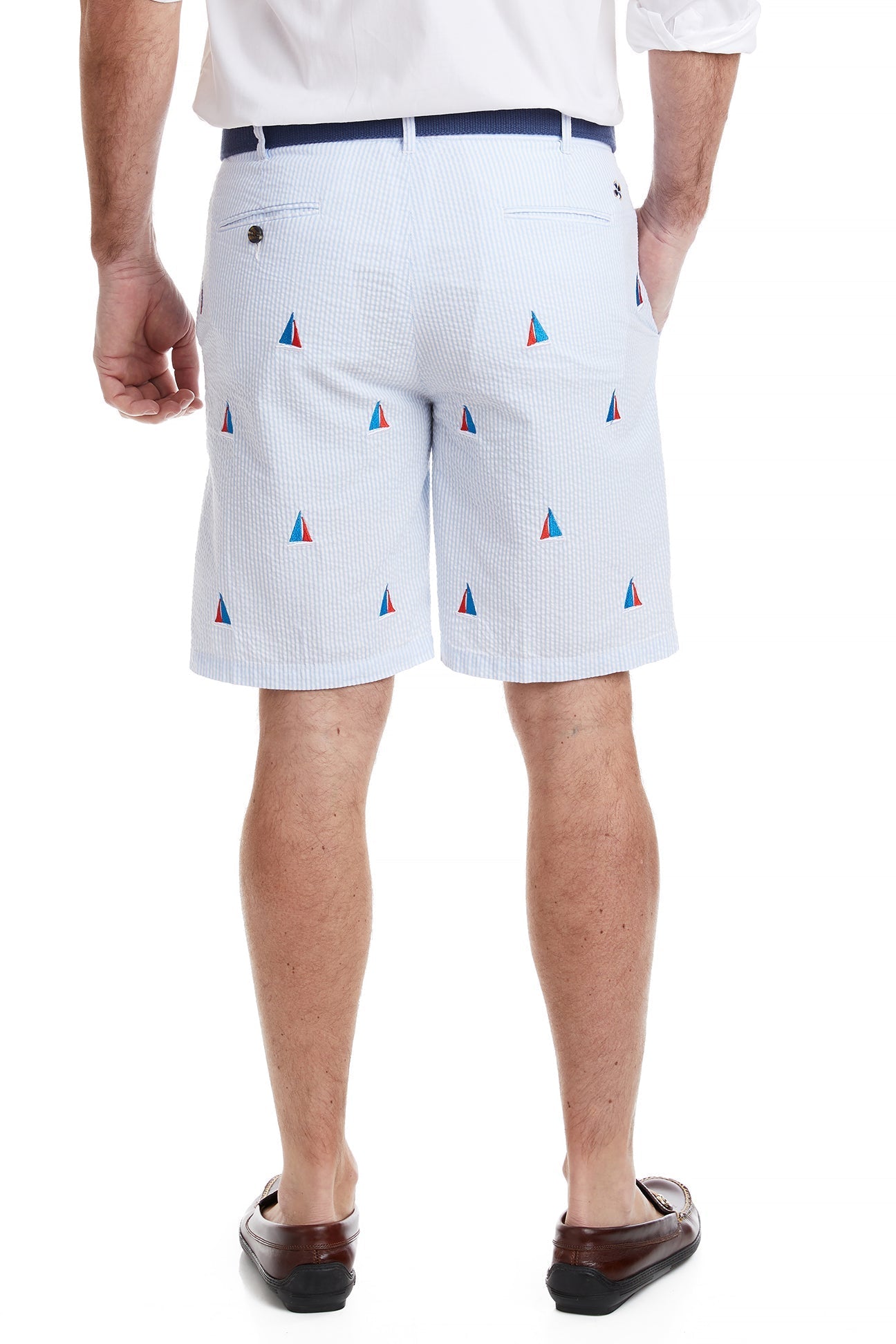 Cisco Short Blue Seersucker with Sailboat Americana - Stylish Summer Shorts for Men | Perfect for Beach, Vacation & Casual Outings