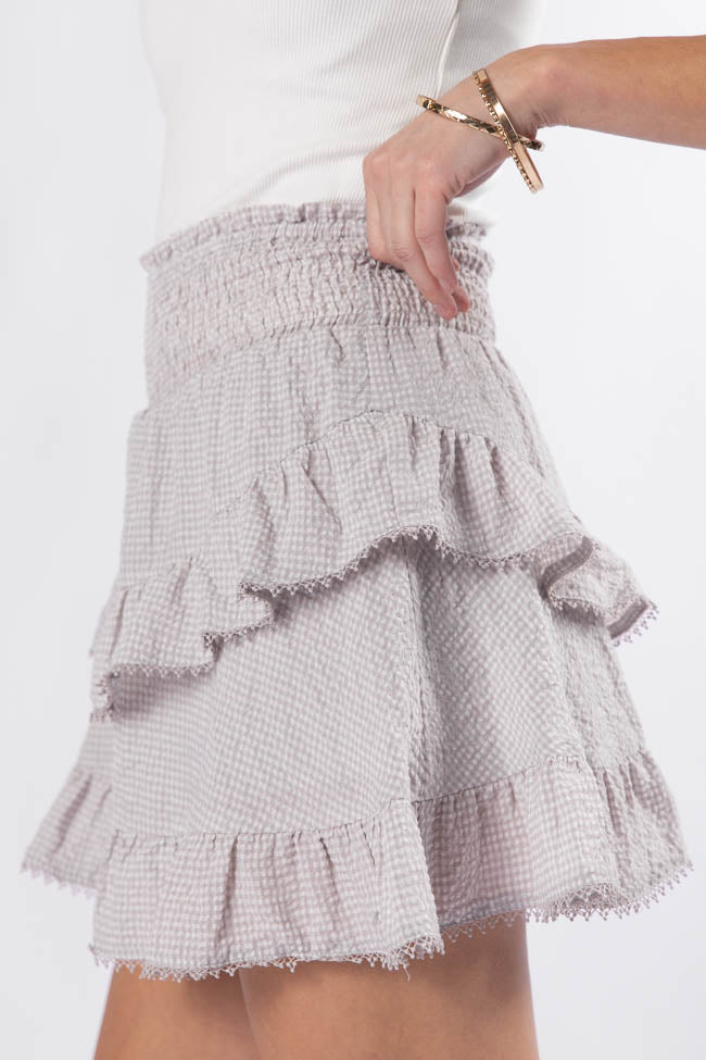 Blissful Mood Taupe Gingham Lace Trim Mini Skort for Women | Summer Casual Skirt Shorts Hybrid | Perfect for Beach, Picnic & Date Night Outfits