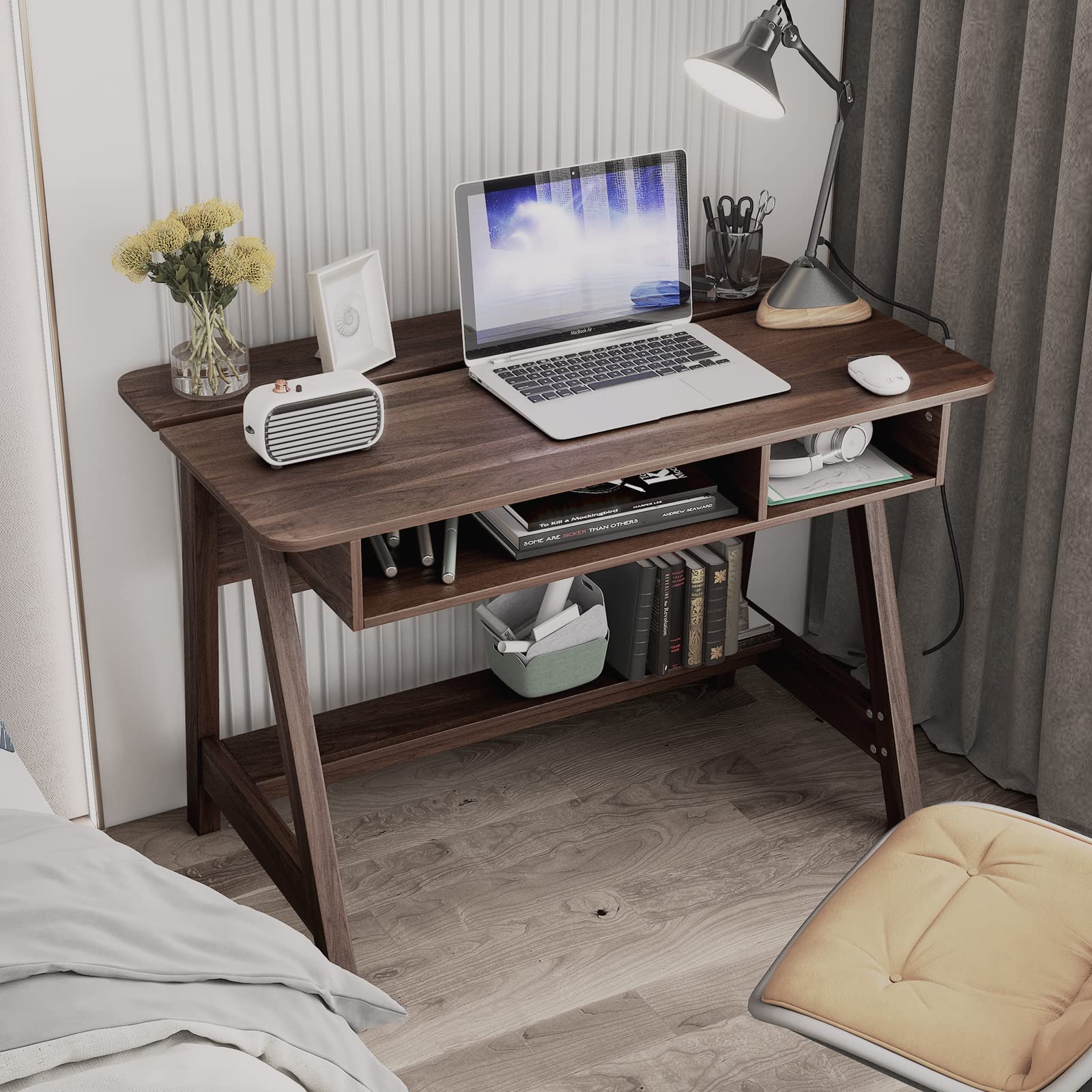 Tangkula Mid Century Modern Writing Desk with Storage Cubes & Hidden Compartment - Computer Desk, Makeup Vanity Table for Bedroom, Home Office Desk with Storage Shelf - Perfect for Small Spaces, Study, Work from Home & Dressing Area