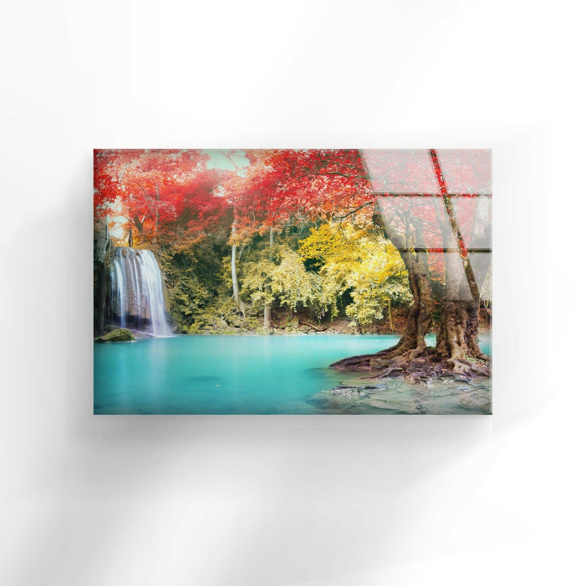 Autumn Forest Waterfall Glass Wall Art - Nature-Inspired Home Decor for Living Room, Bedroom & Office