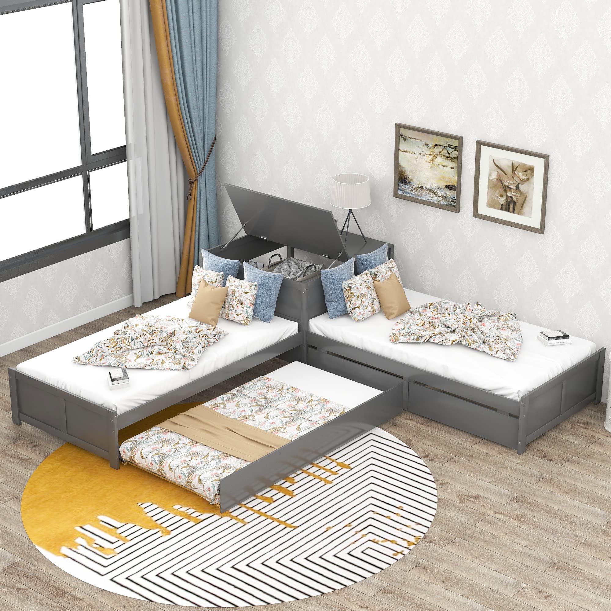 P PURLOVE L-Shaped Twin Platform Bed with 2 Drawers & Trundle - Wooden Bed Frame with Built-in Storage & Square Table - Easy Assembly, No Box Spring Needed (Gray) - Perfect for Small Bedrooms, Kids Rooms & Space-Saving Solutions