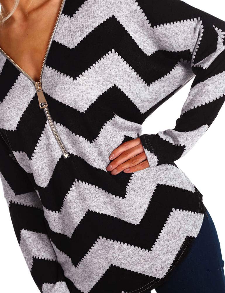 Ezcosplay Women's Long Sleeve V-Neck Striped Tunic Top with Zipper - Casual Loose Fit Shirt for Cosplay, Daily Wear & Office Outfits