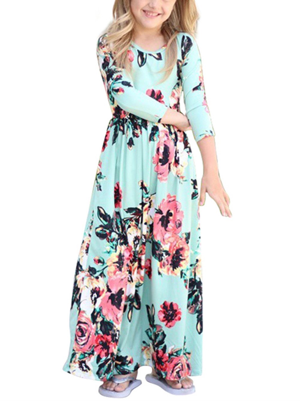 Floral Print 3/4 Sleeve Maxi Dress for Girls - Pleated Swing Long Dress with Pockets | Casual Summer Beach Wear, Vacation Outfit, Holiday Party Dress